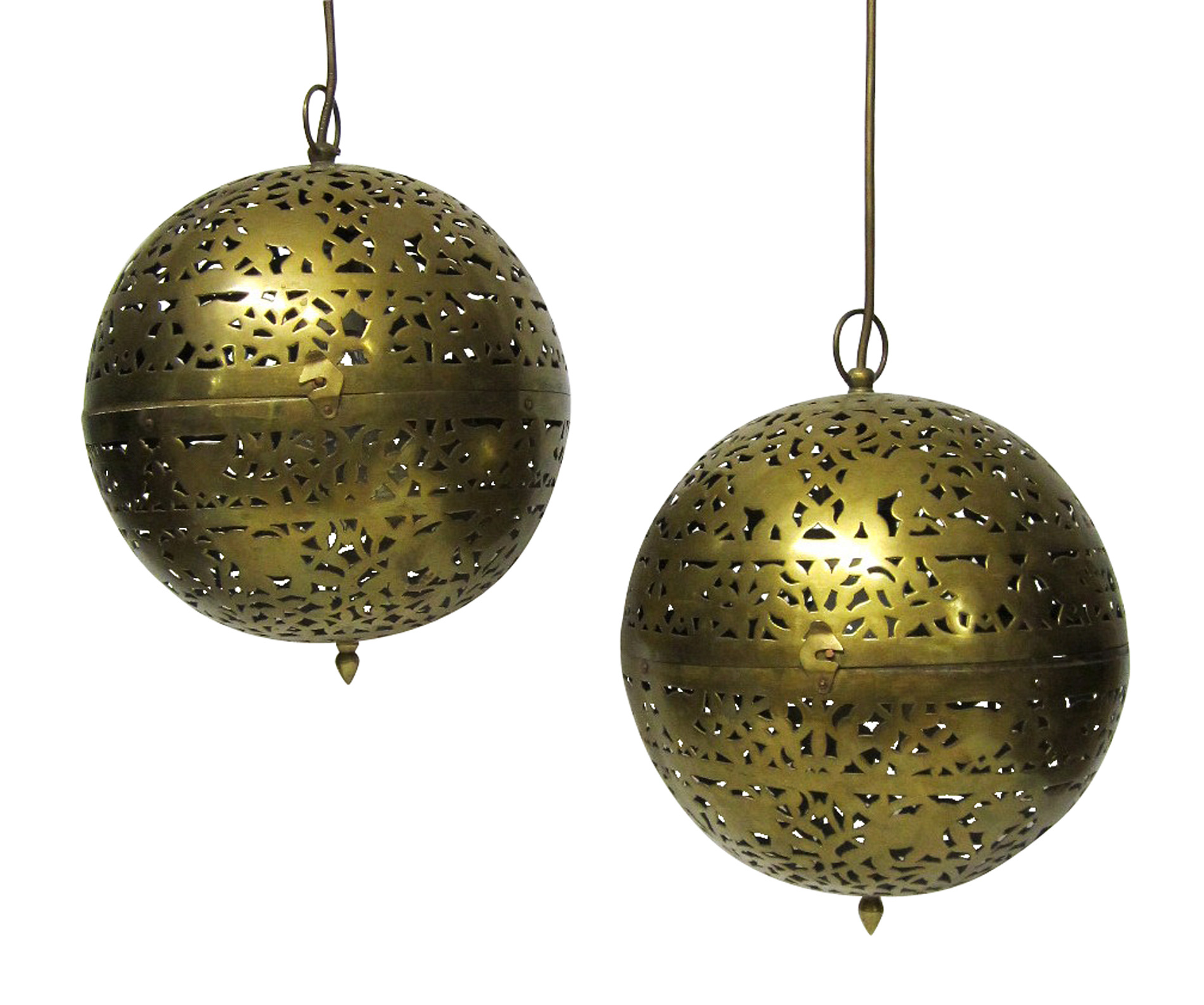 PAIR BRASS SPHERICAL HANGING LAMPS