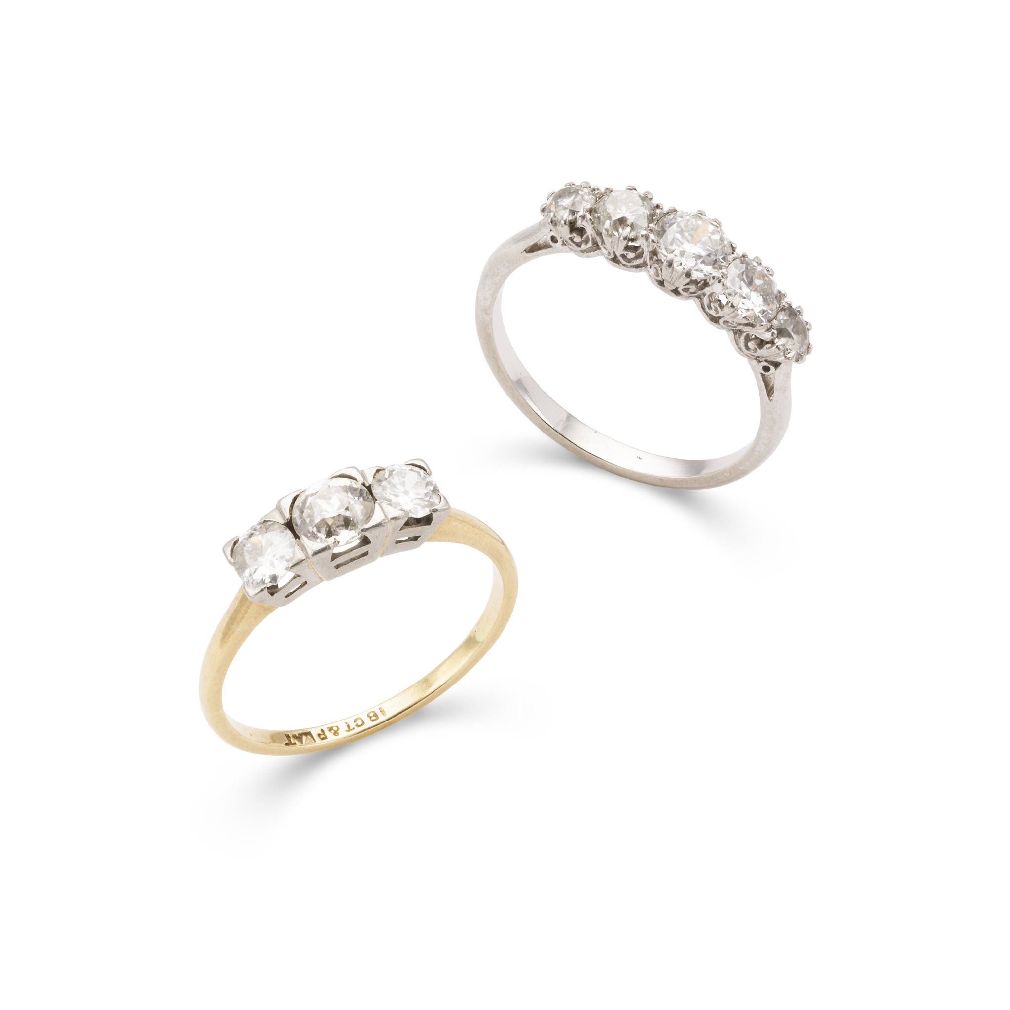 Two diamond rings in yellow gold and platinum