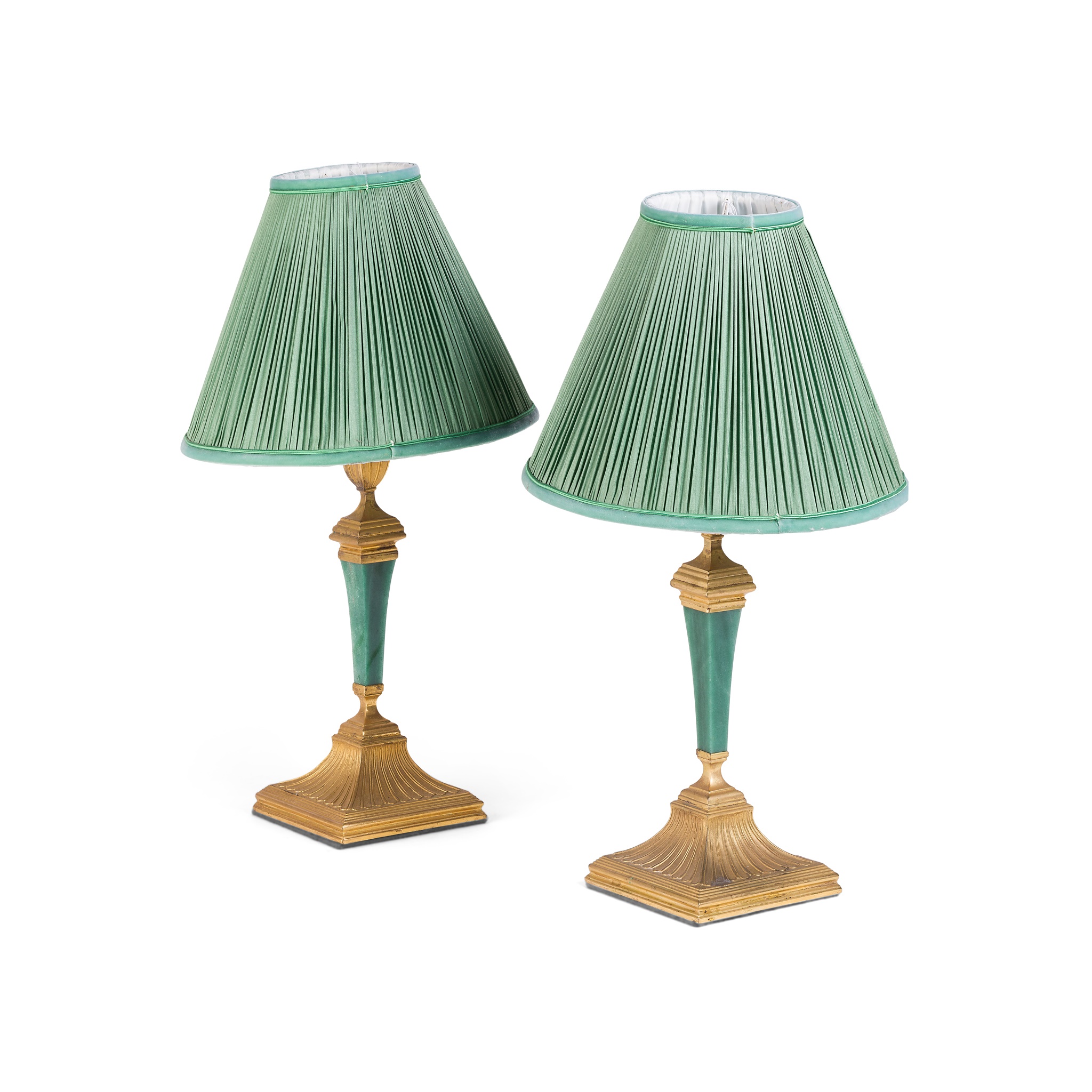 PAIR OF FRENCH GILT BRONZE AND GREEN HARDSTONE TABLE LAMPS