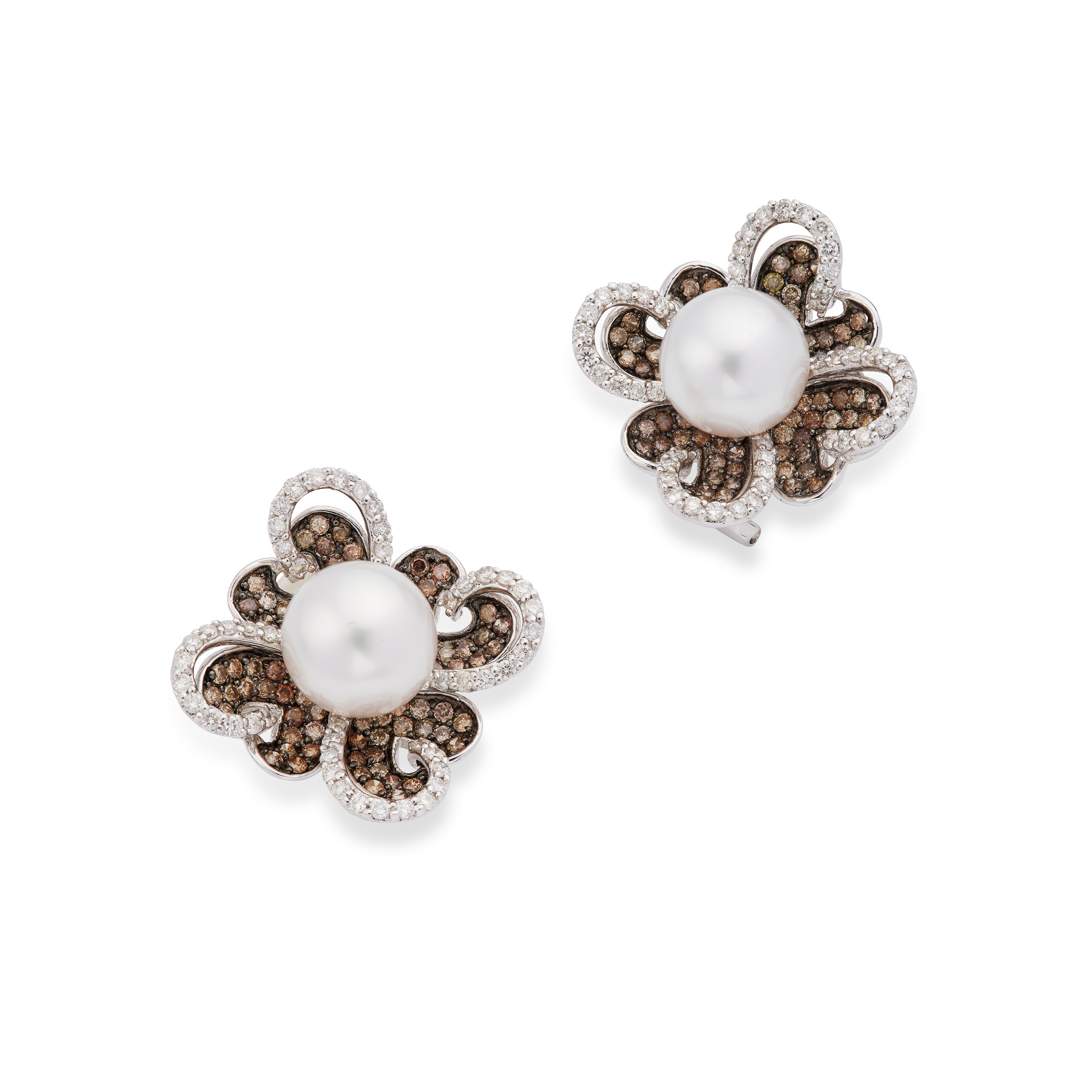A pair of cultured pearl and diamond flower earrings, 2005