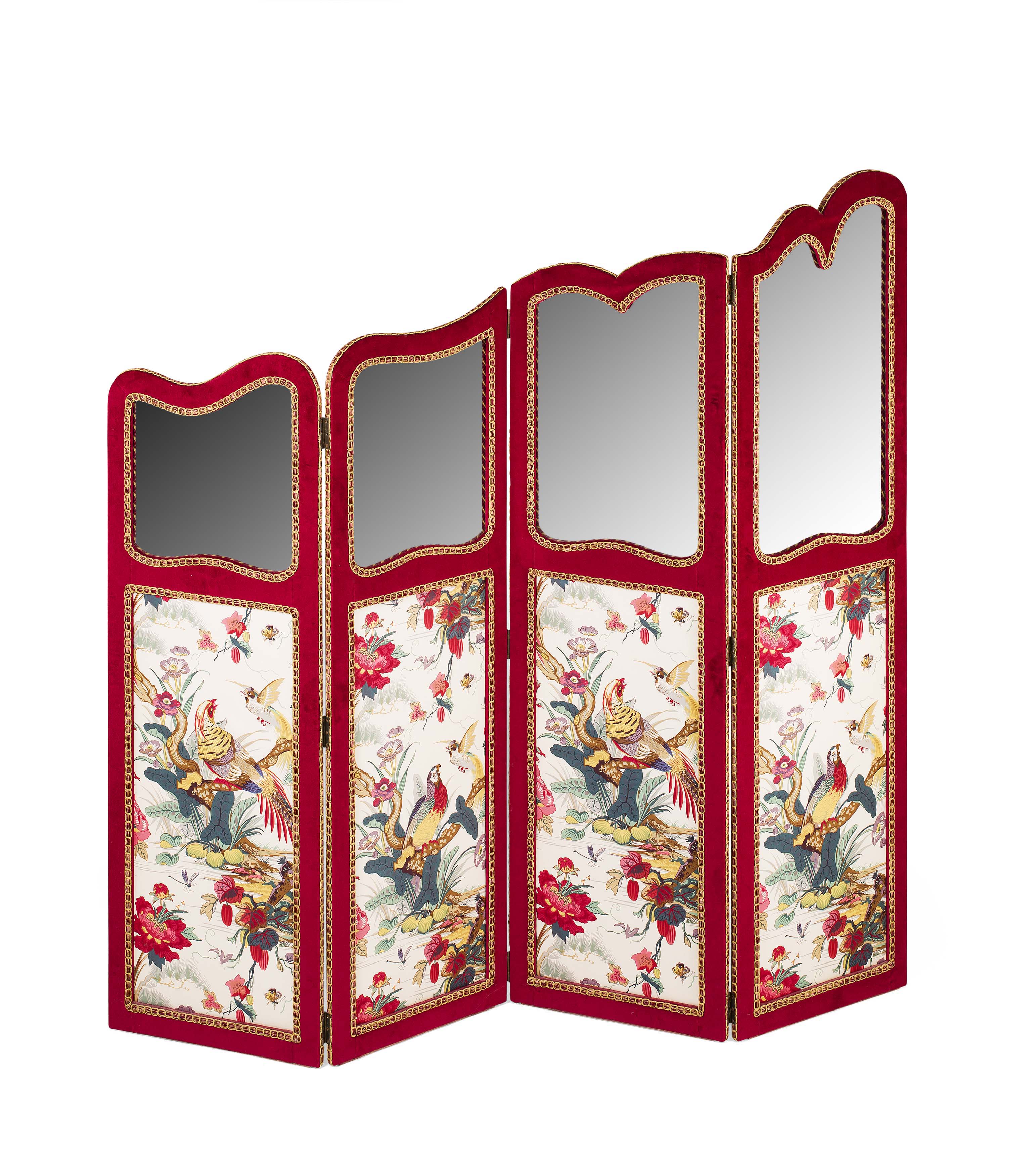 UPHOLSTERED AND GLAZED FOUR FOLD SCREEN