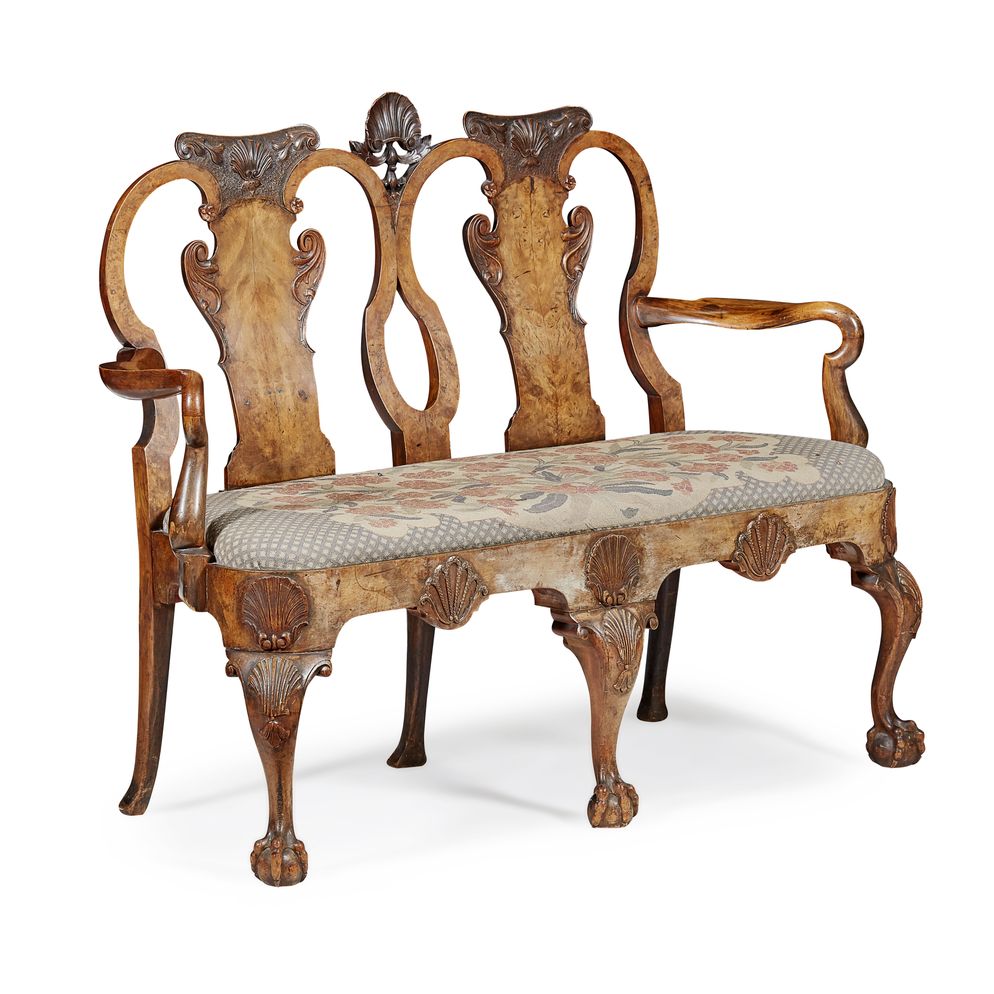 GEORGE I STYLE WALNUT DOUBLE CHAIRBACK SETTEE