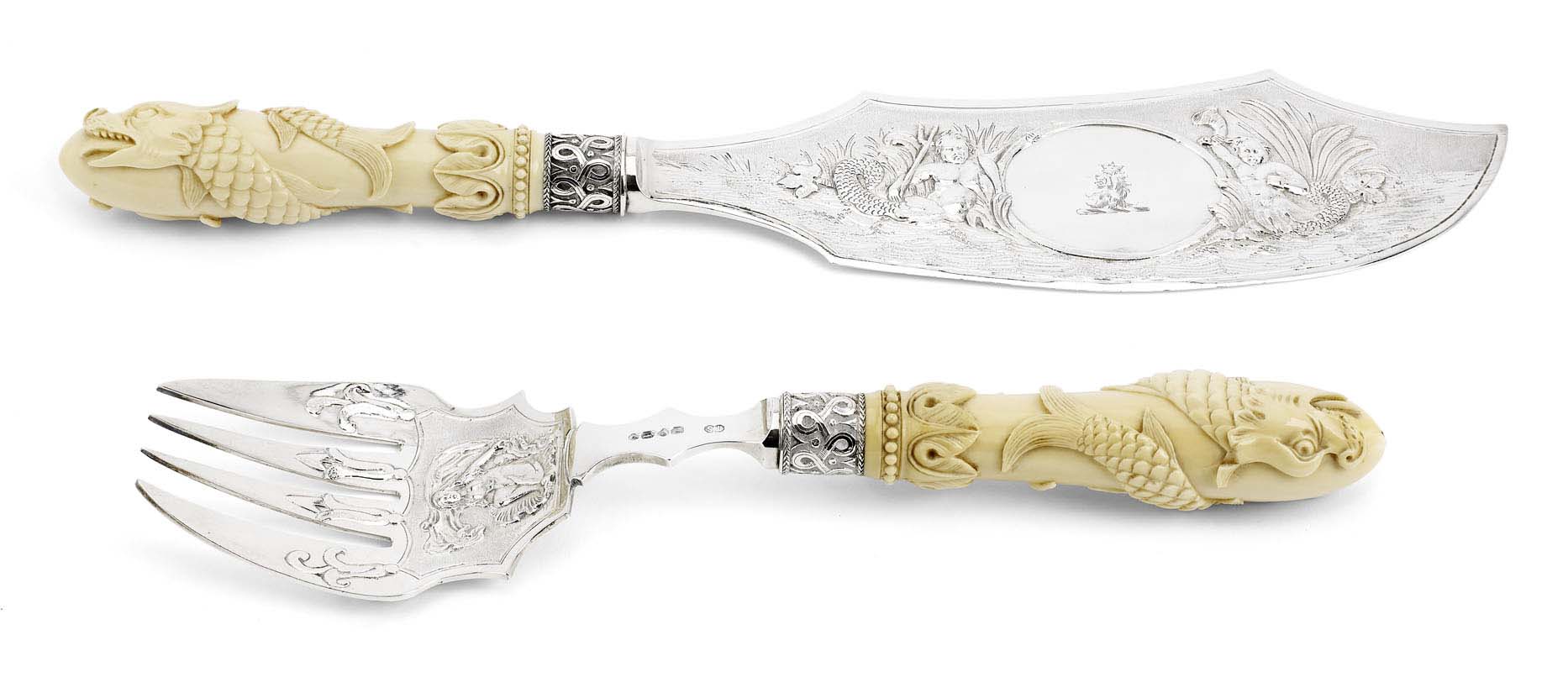 A pair of Victorian silver and ivory fish servers