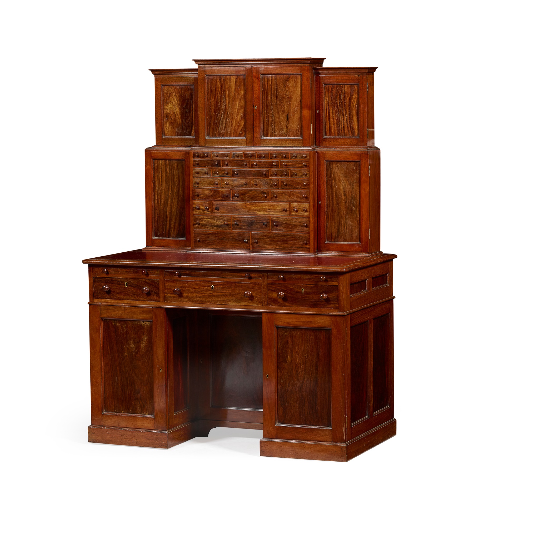 VICTORIAN MAHOGANY AND OLIVE WOOD OPTOMETRIST'S DESK