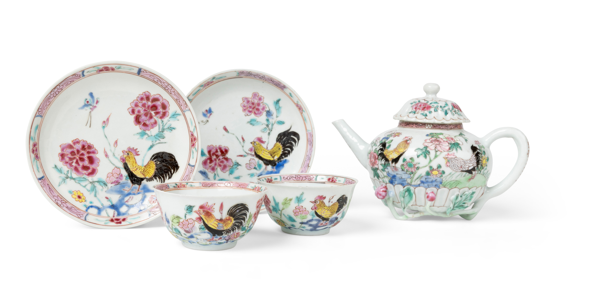 SET OF FIVE CHINESE FAMILLE ROSE 'COCKEREL' TEAWARES