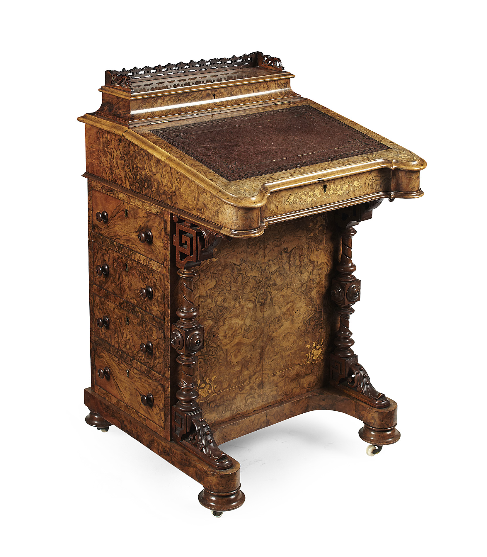 VICTORIAN BURR WALNUT, MAHOGANY AND BIRCH DAVENPORT