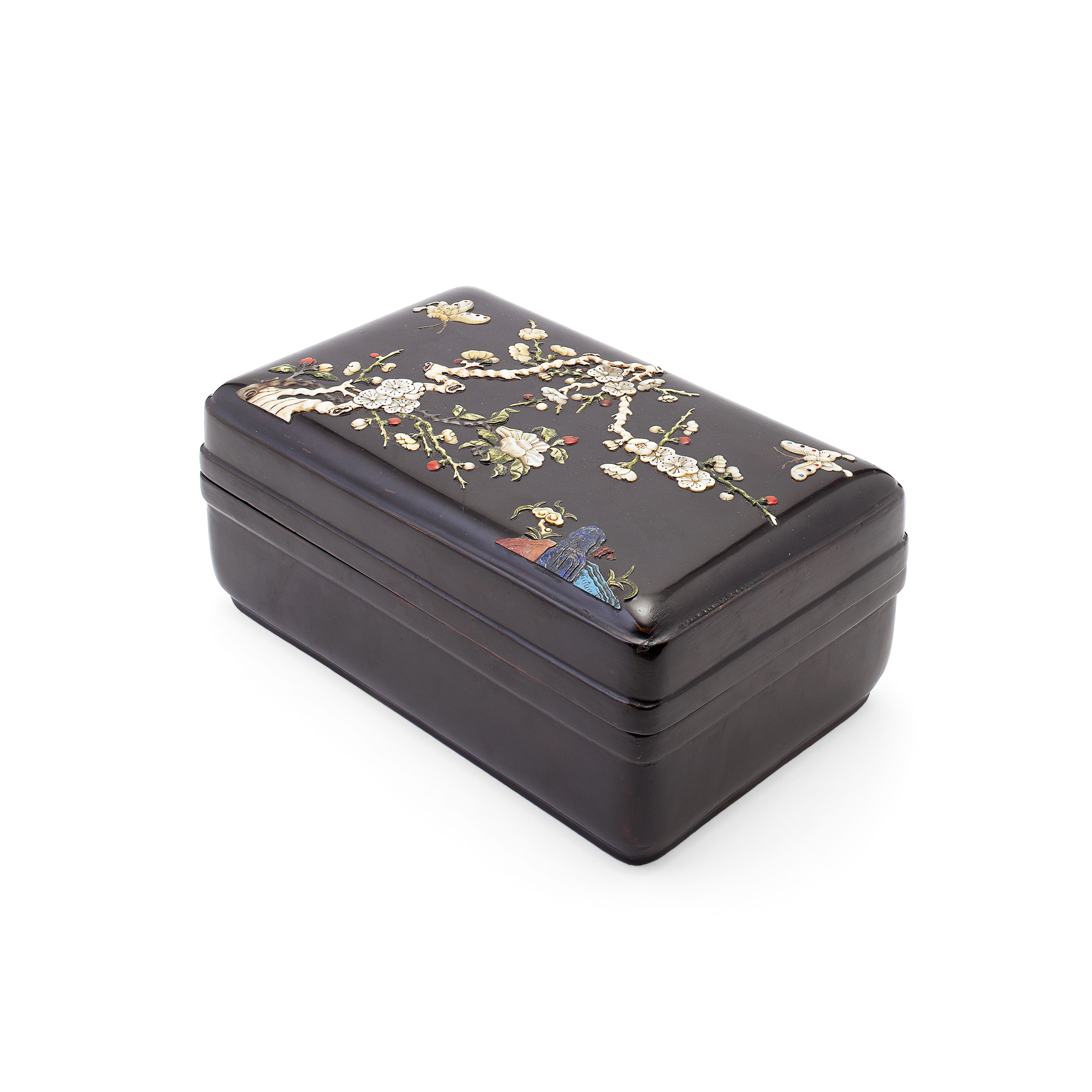 CHINESE LACQUER, MOTHER OF PEARL AND HARDSTONE INSET BOX