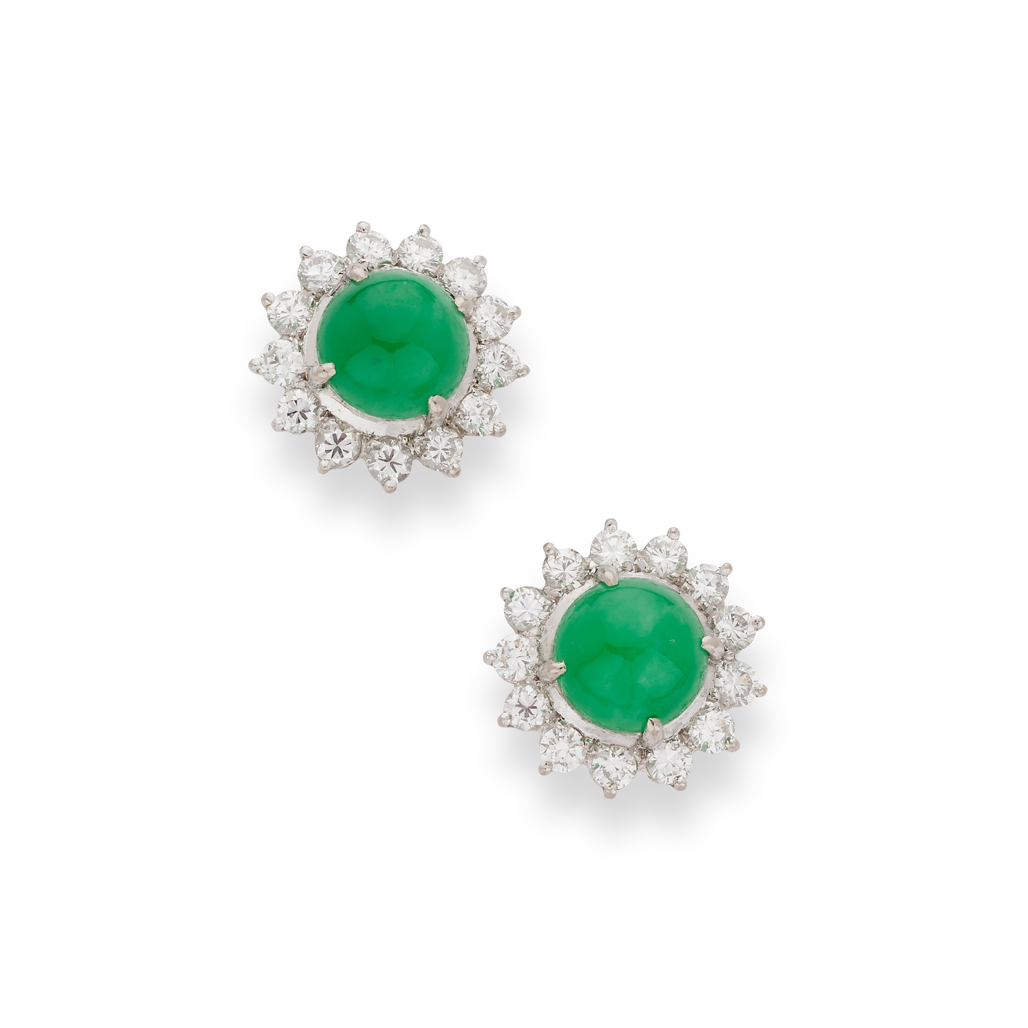 A pair of jadeite jade and diamond cluster earrings