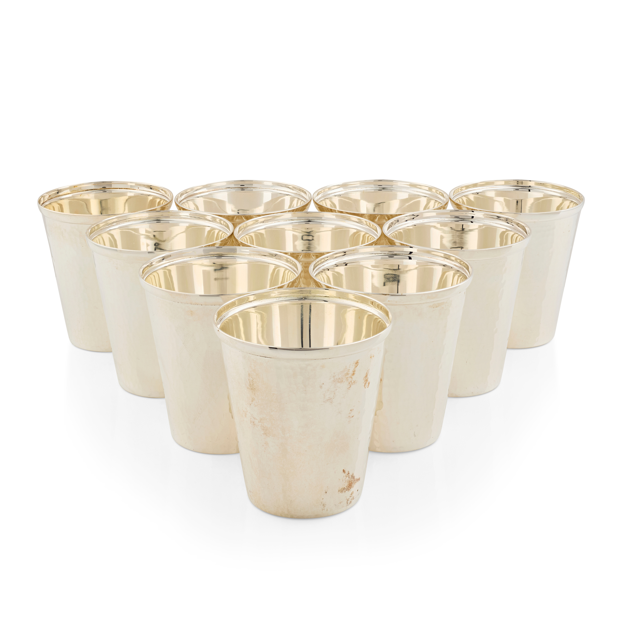 SET OF TEN CONTEMPORARY SILVER PLANISHED BEAKERS