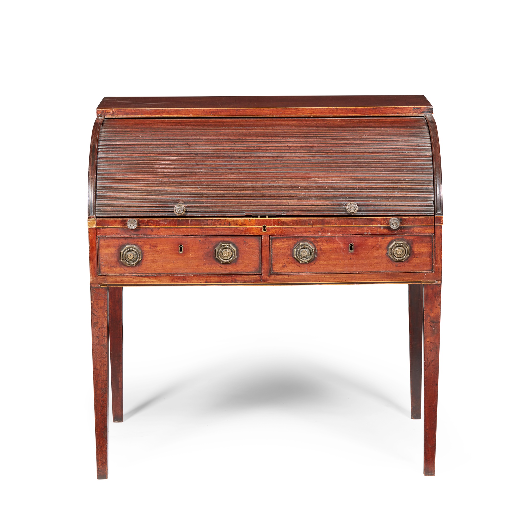 LATE GEORGE III MAHOGANY TAMBOUR TOP BUREAU