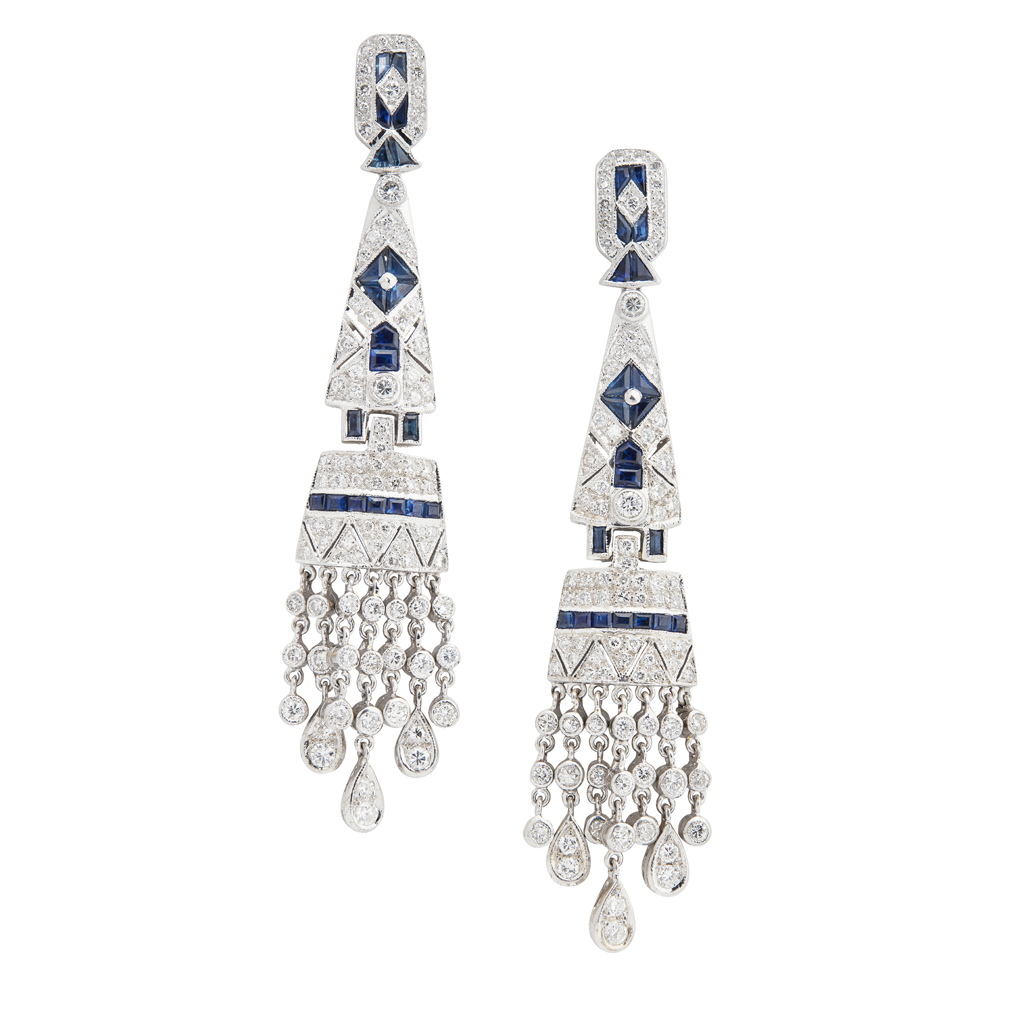 A pair of 1930s sapphire and diamond pendant earrings