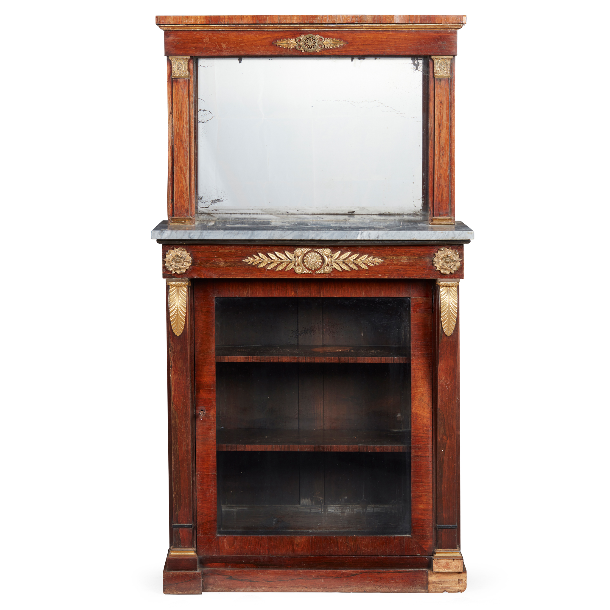REGENCY ROSEWOOD, MARBLE, PARCEL-GILT AND GILT BRONZE MOUNTED PIER CABINET
