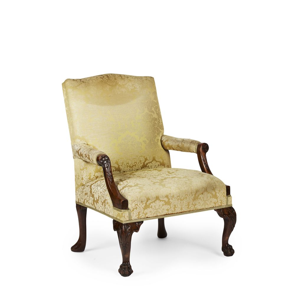 GEORGE II STYLE MAHOGANY FRAMED OPEN ARMCHAIR