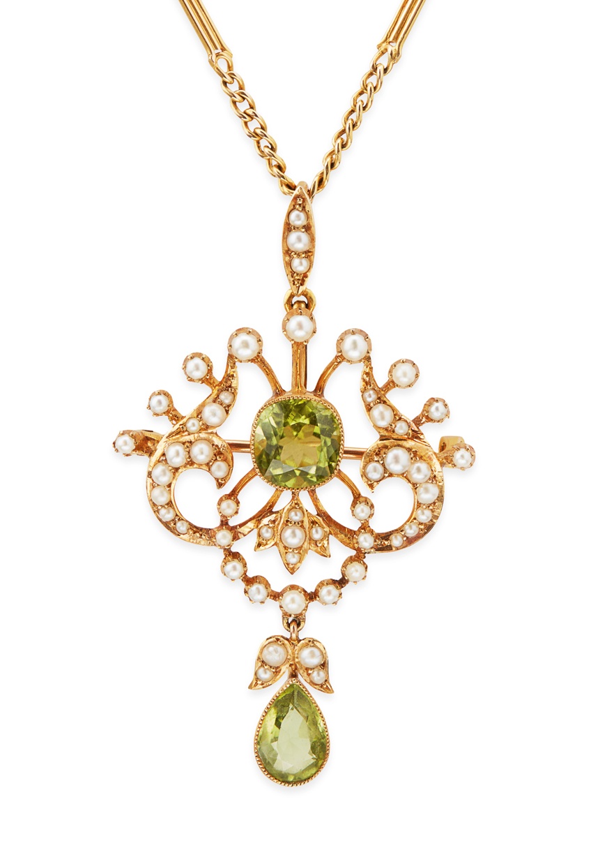 A early 20th Century seed pearl and peridot set pendant