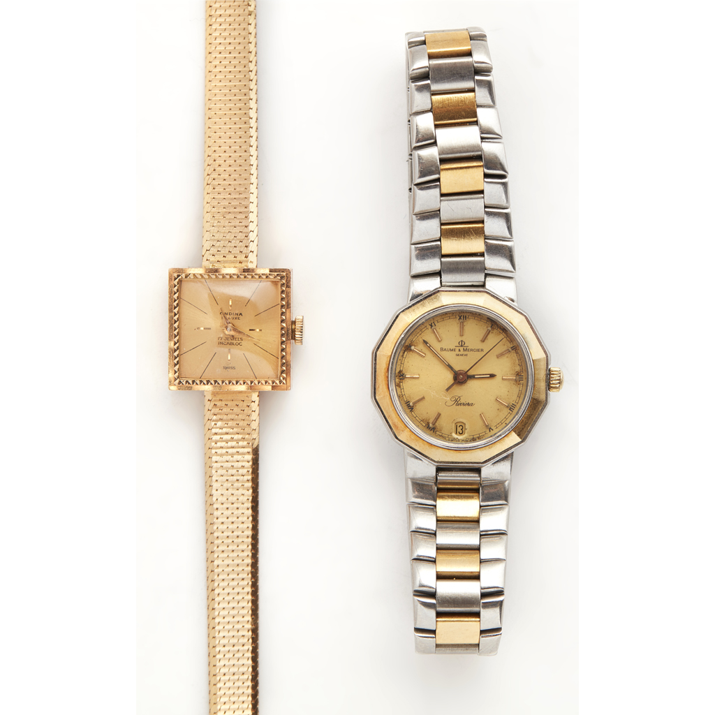 A lady's gold and stainless steel cased wrist watch, Baume et Mericer