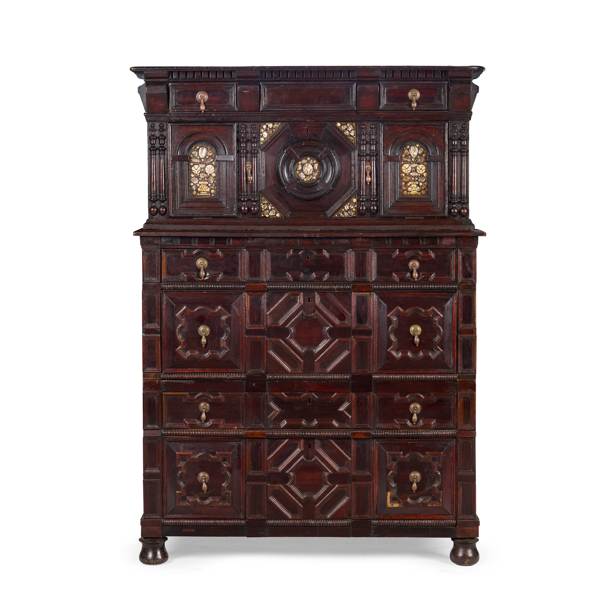 CHARLES II OAK, MOTHER-OF-PEARL AND BONE INLAID THREE-PART CHEST OF DRAWERS