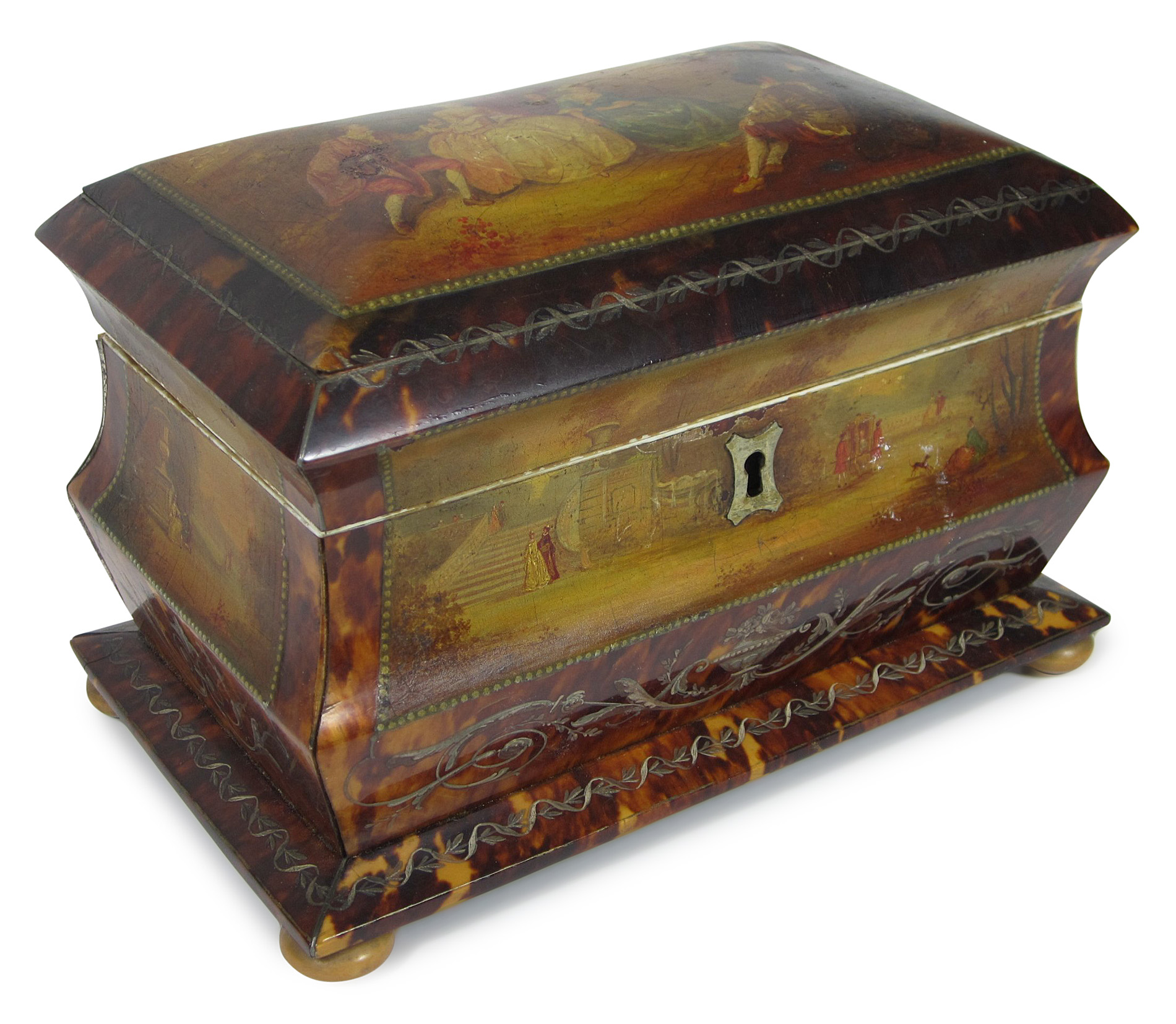 VICTORIAN TORTOISESHELL AND PAINTED TEA CADDY