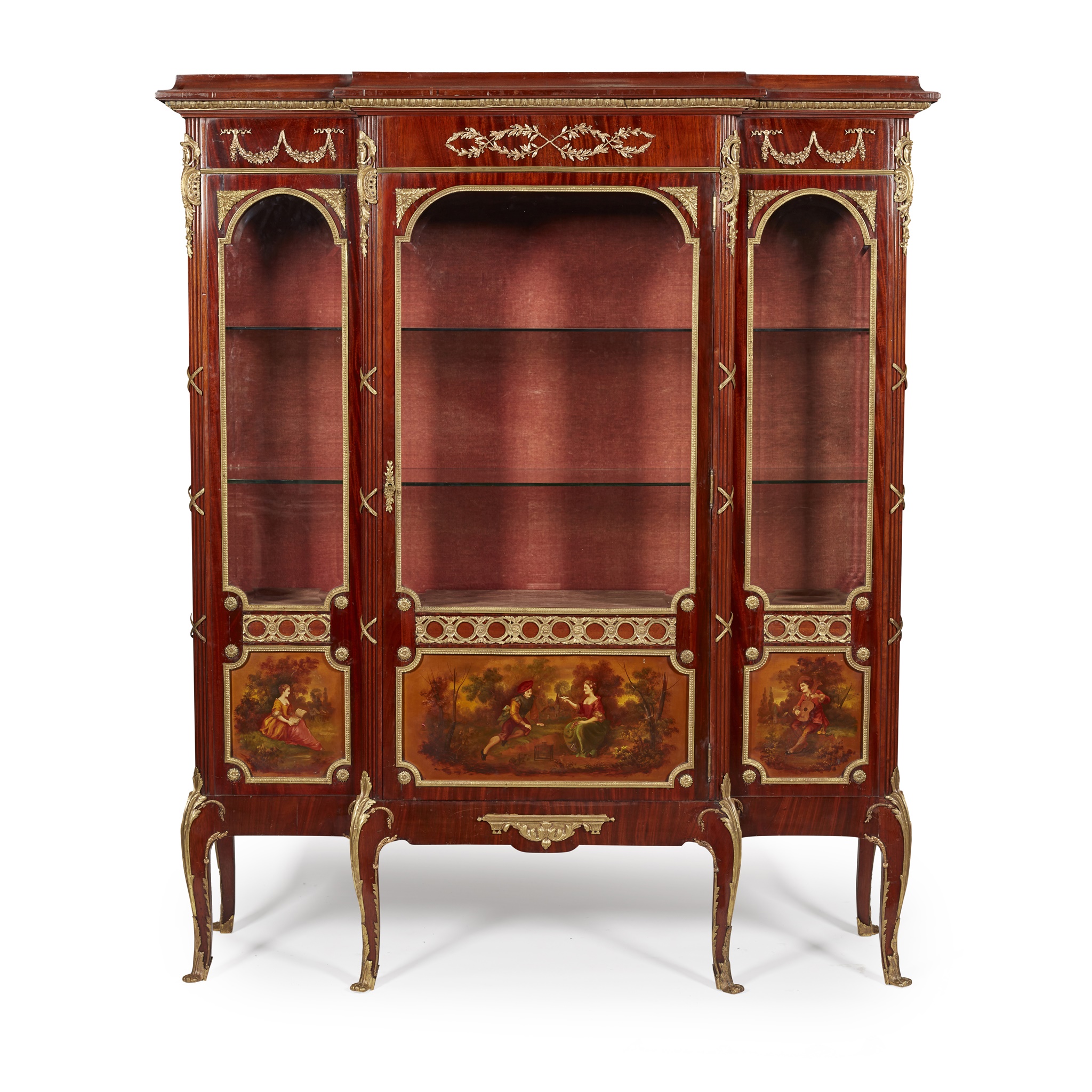 FINE FRENCH MAHOGANY, VERNIS MARTIN, AND GILT BRONZE MOUNTED DISPLAY CABINET