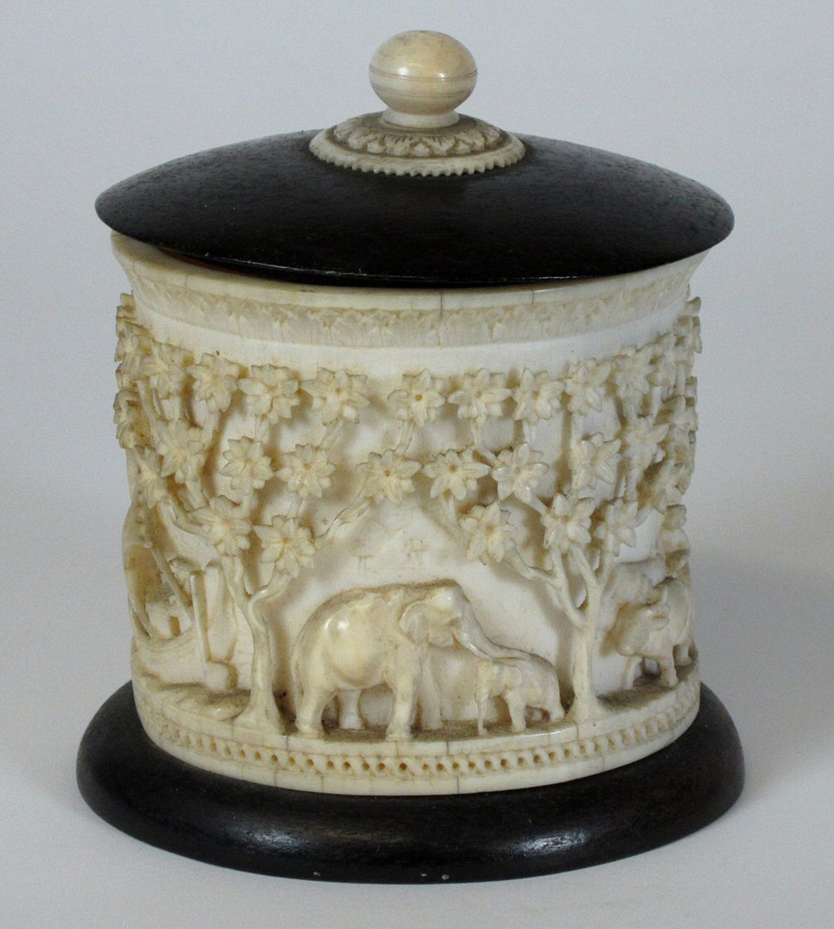 BURMESE CARVED IVORY POT AND COVER