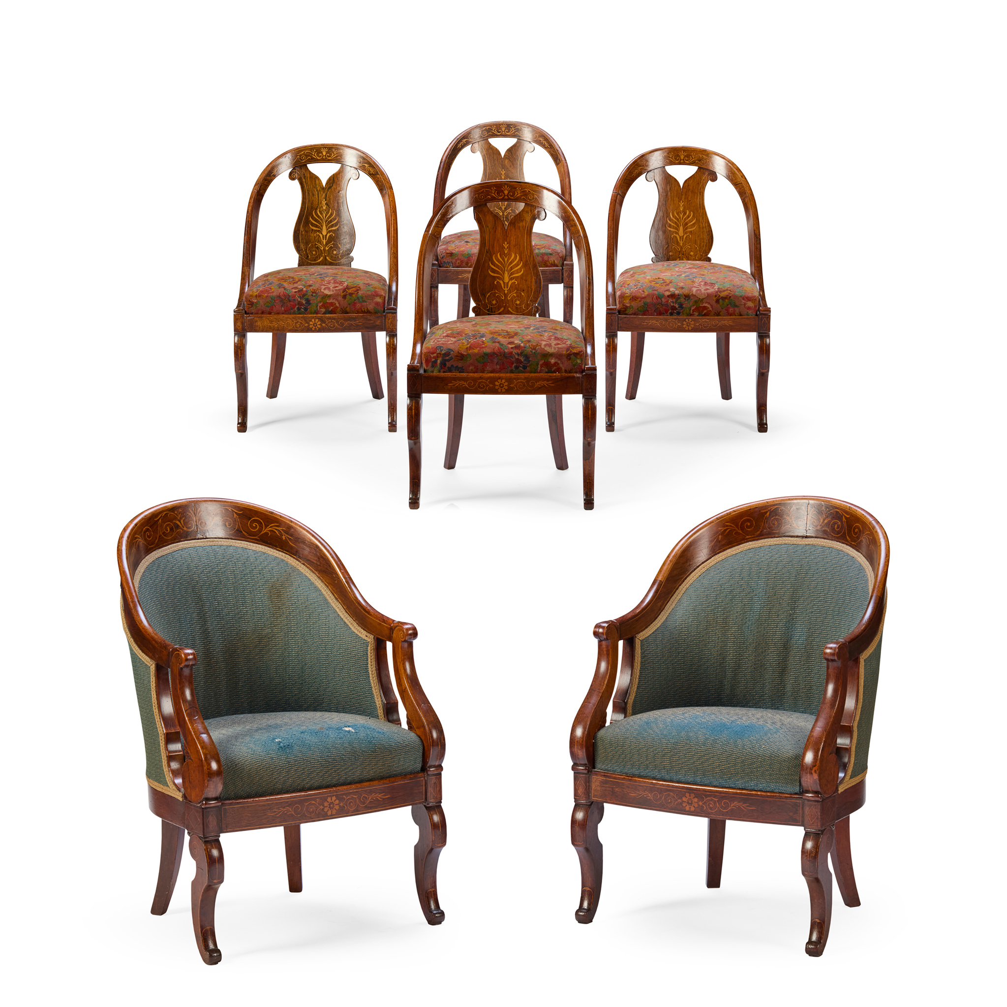SUITE OF SIX CONTINENTAL ROSEWOOD AND INLAID TUB CHAIRS