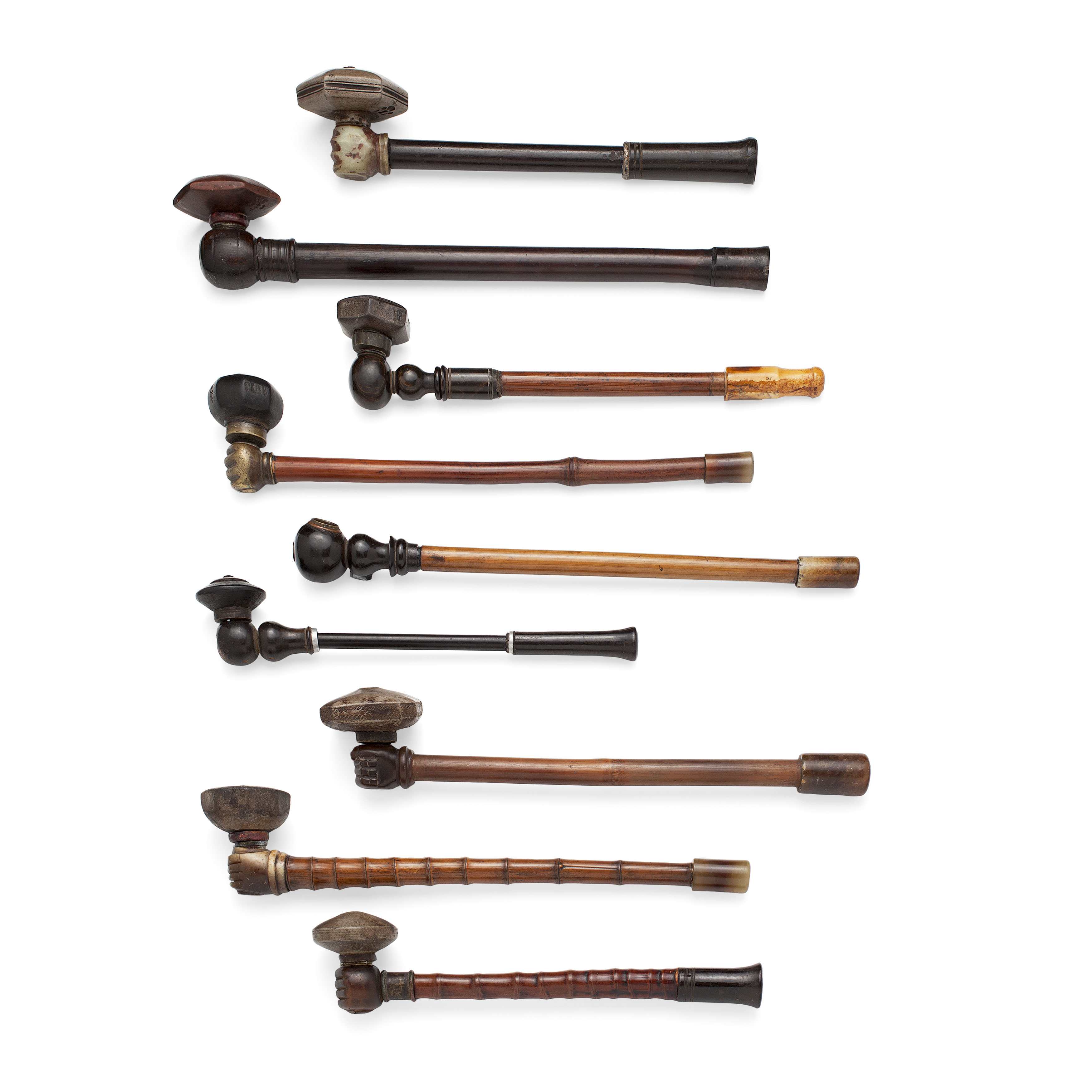 NINE CHINESE OPIUM PIPES AND BOWLS