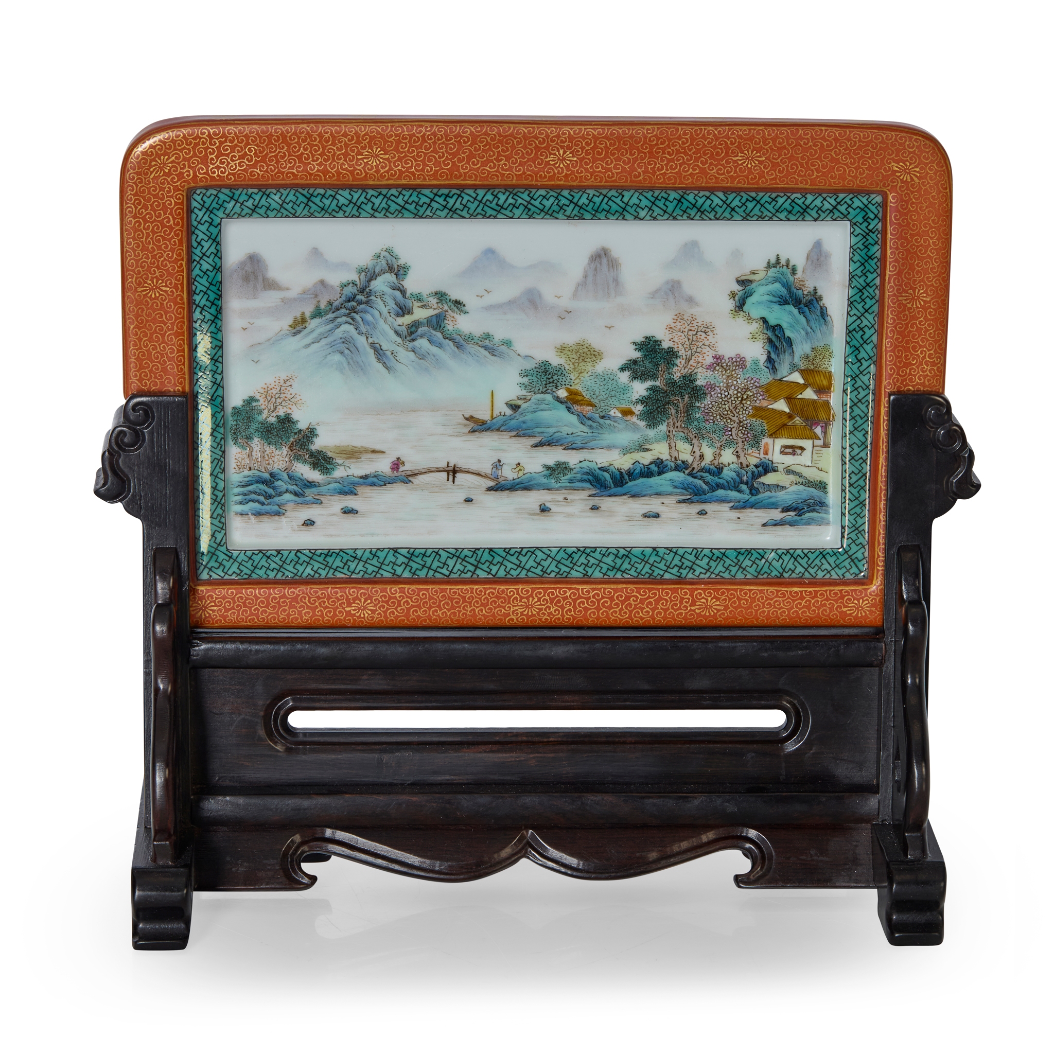 CHINESE FAMILLE ROSE 'LANDSCAPE' TABLE SCREEN