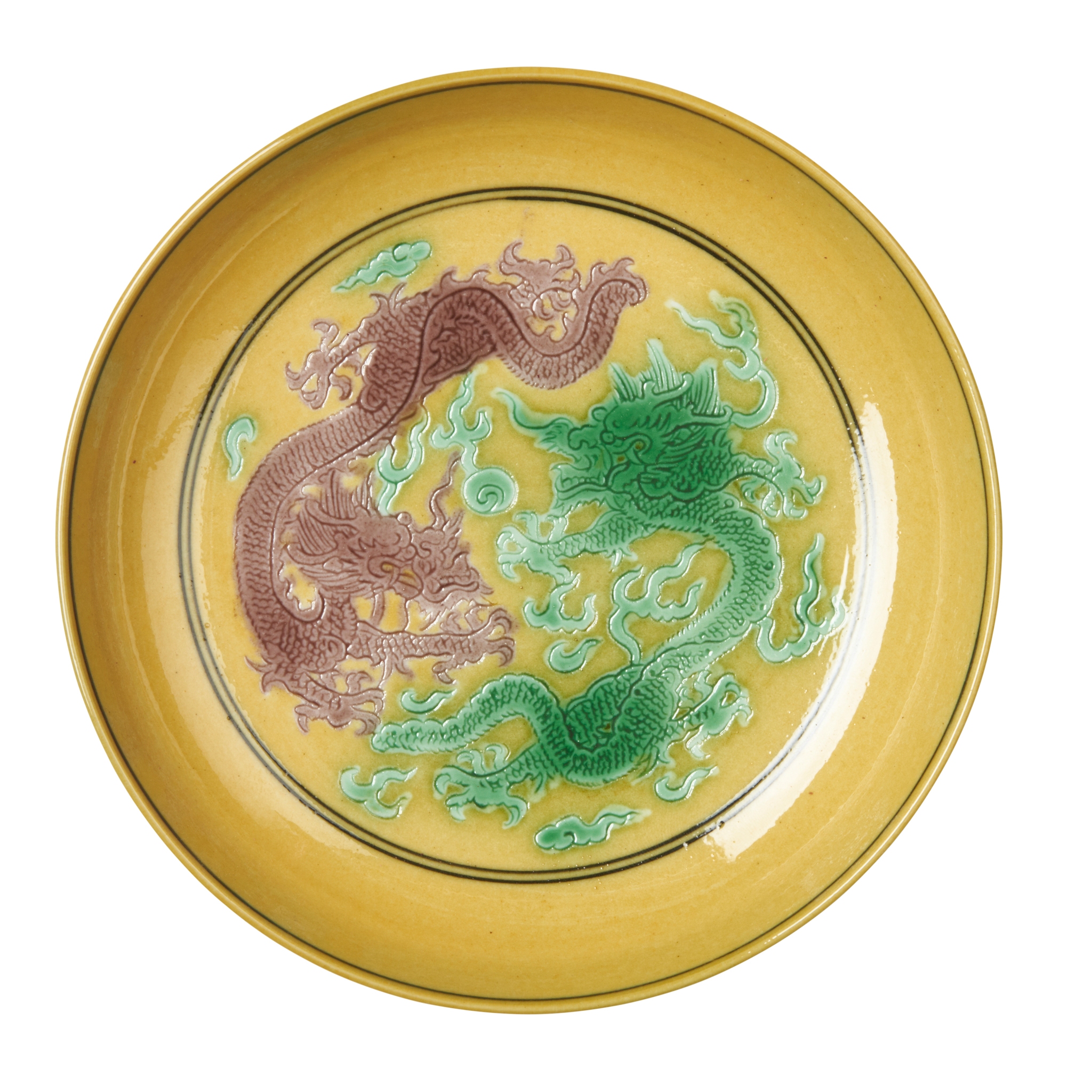 YELLOW-GROUND GREEN-AND-AUBERGINE-ENAMELLED 'DRAGON' DISH