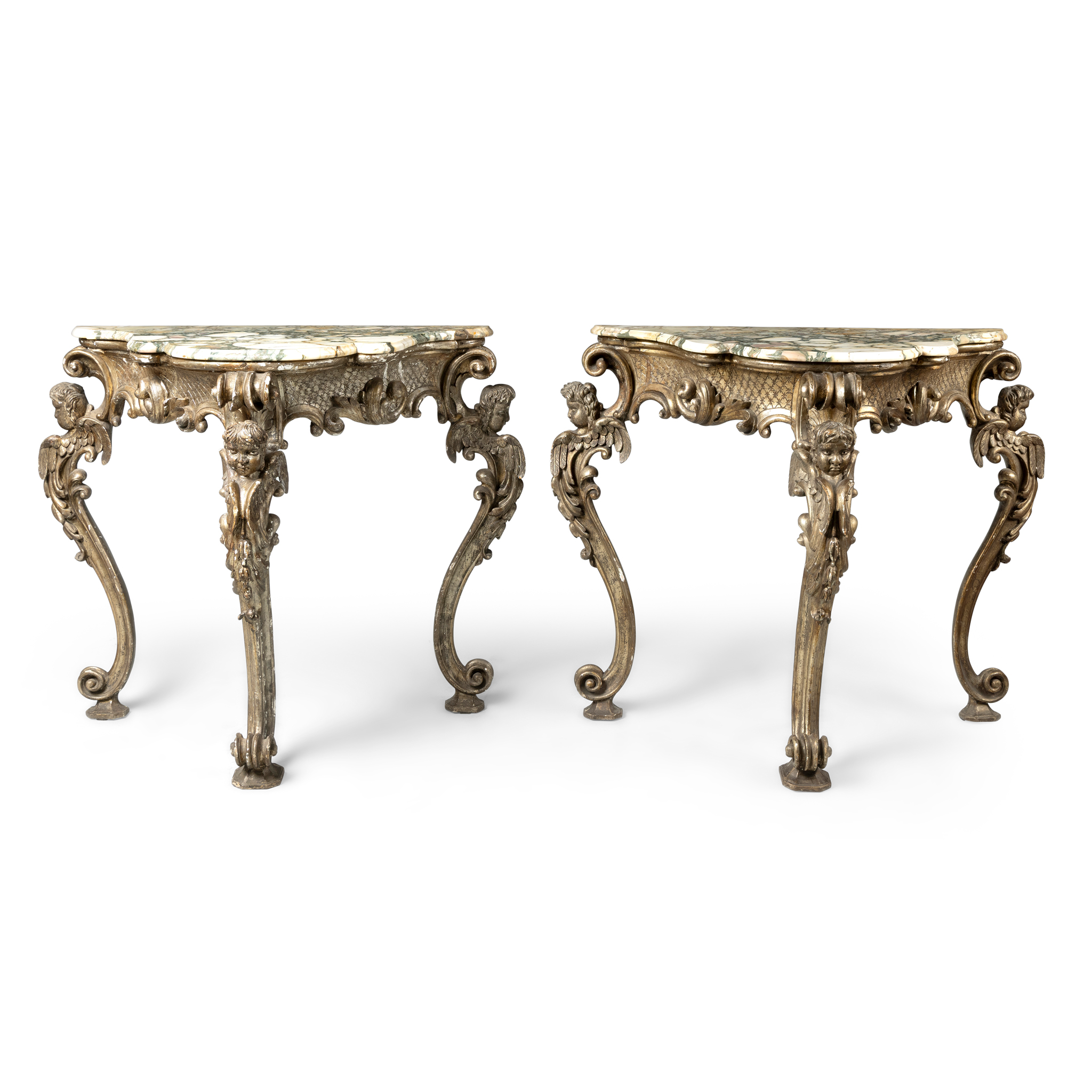 A PAIR OF ITALIAN SILVERED WOOD AND GESSO CONSOLE TABLES