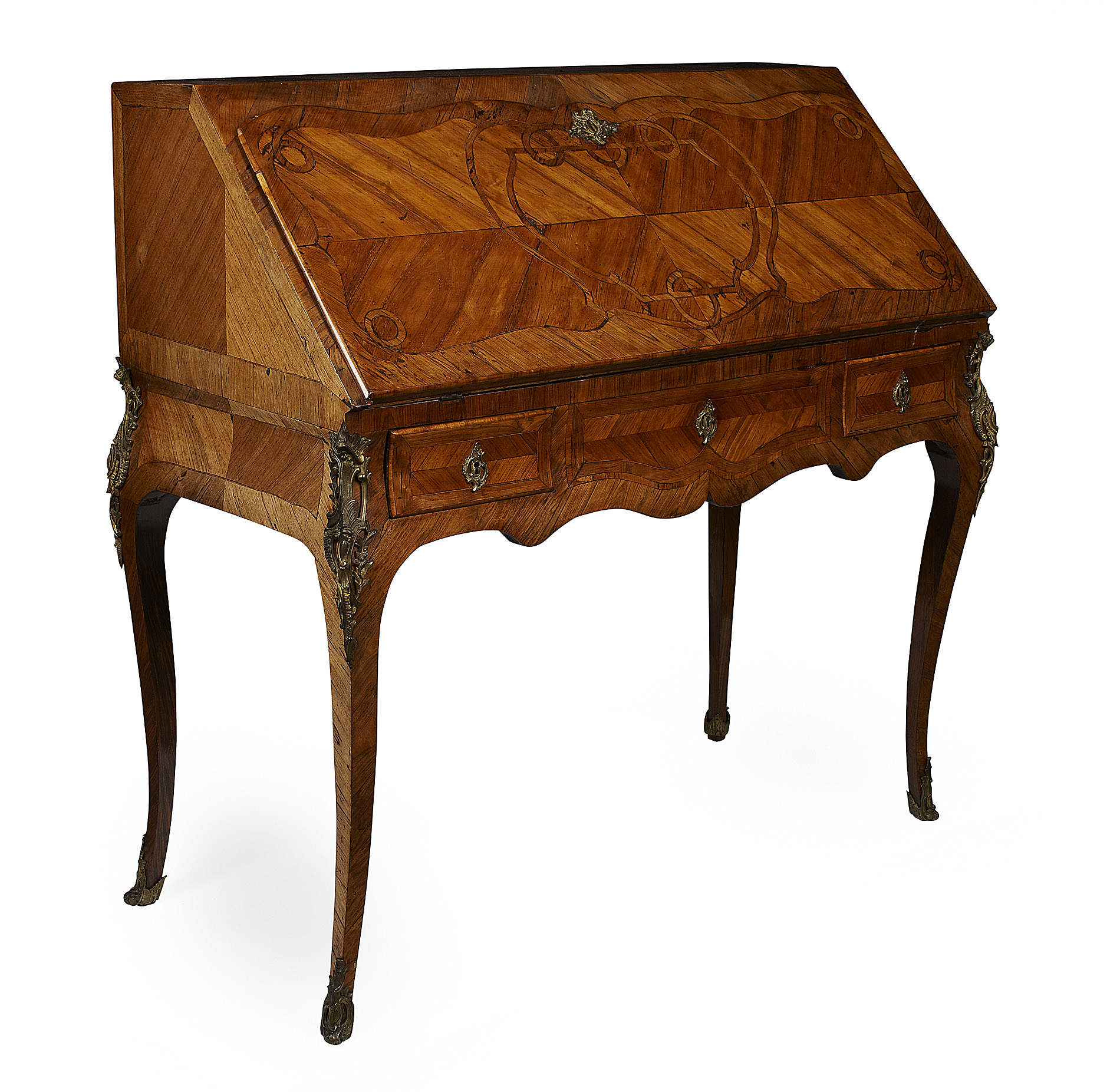 LOUIS XV GILTMETAL MOUNTED WALNUT AND INLAID BUREAU