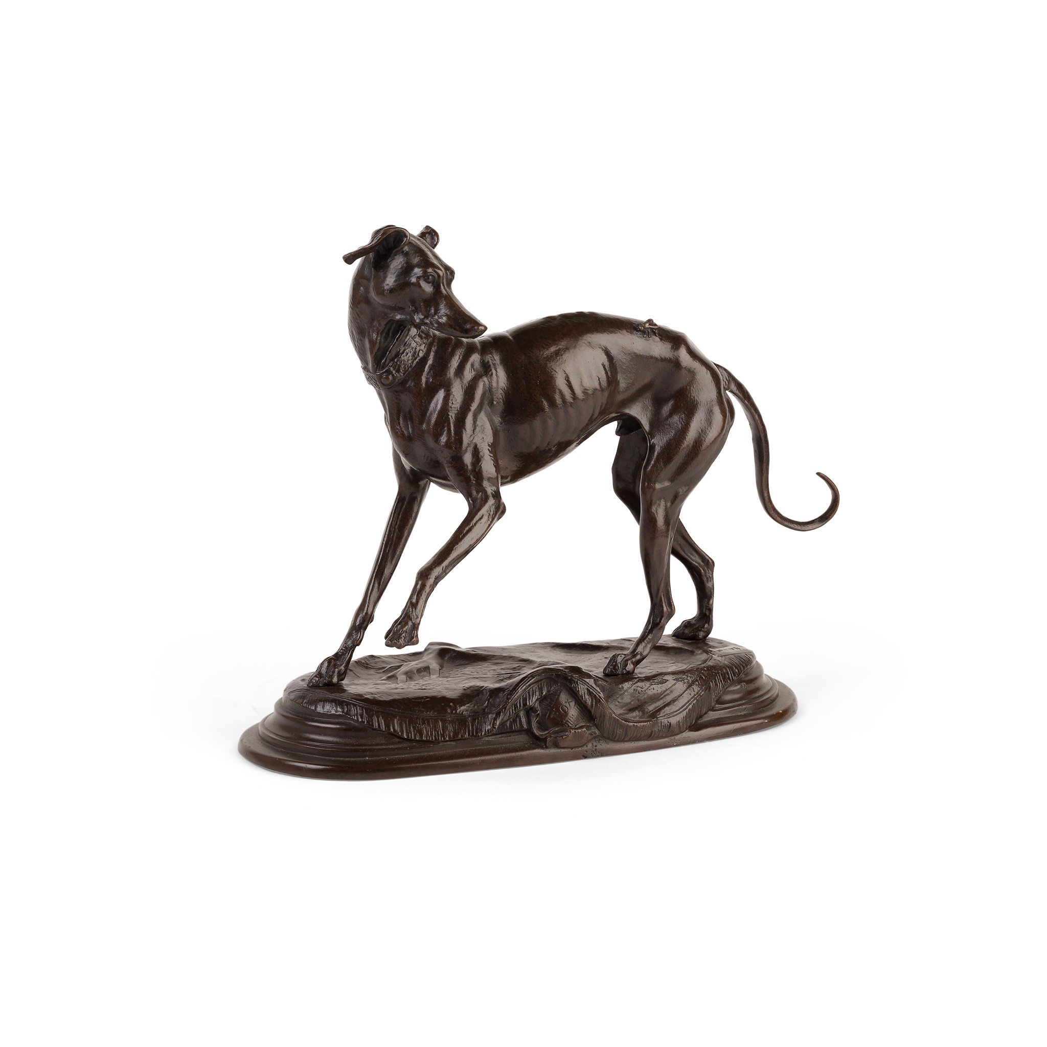 AFTER ANTOINE LOUIS BARYE, BRONZE FIGURE OF A WHIPPET WITH FLY