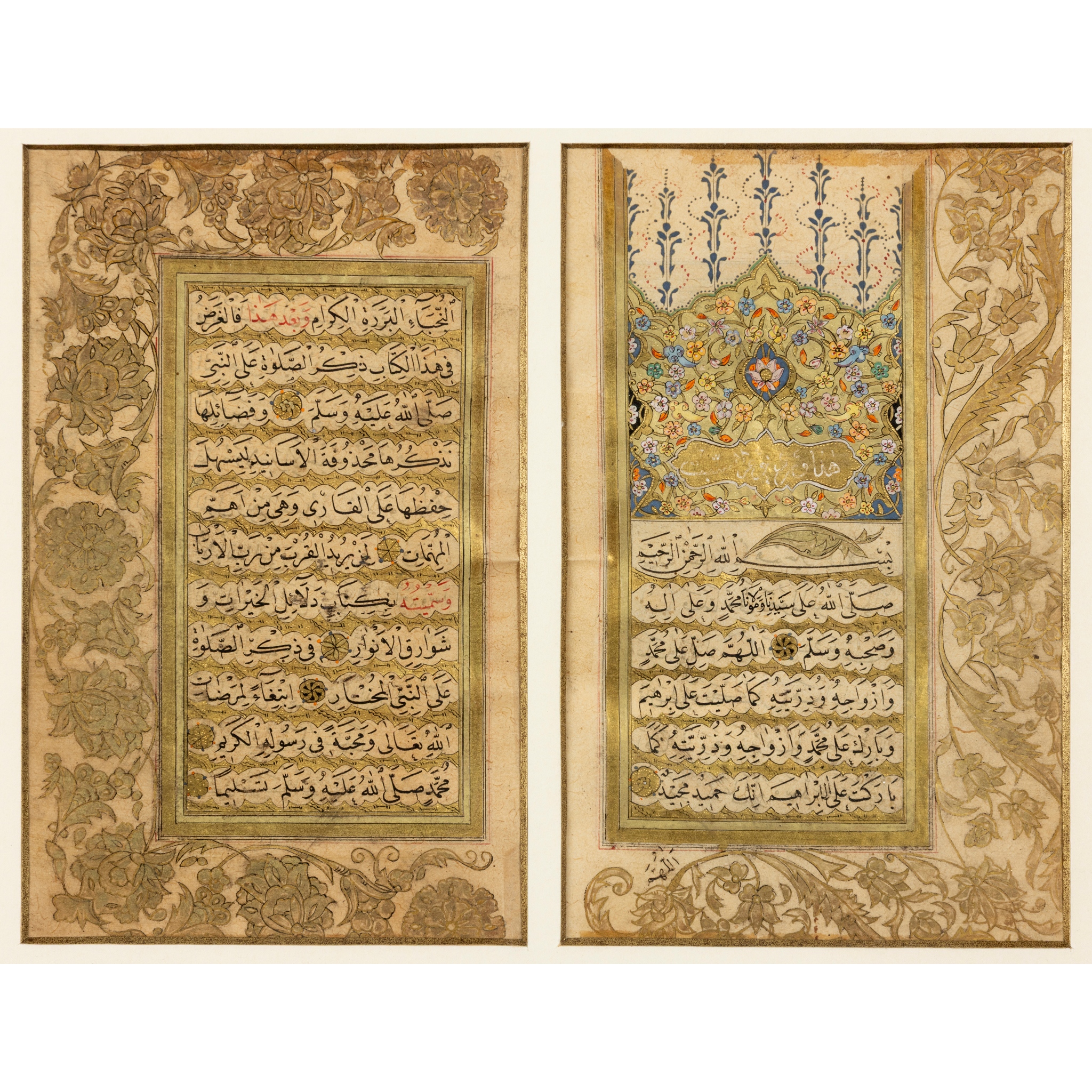 AN ILLUMINATED OPENING BI-FOLIUM OF AN OTTOMAN PRAYER BOOK (DALA'IL AL-KHAYRAT)