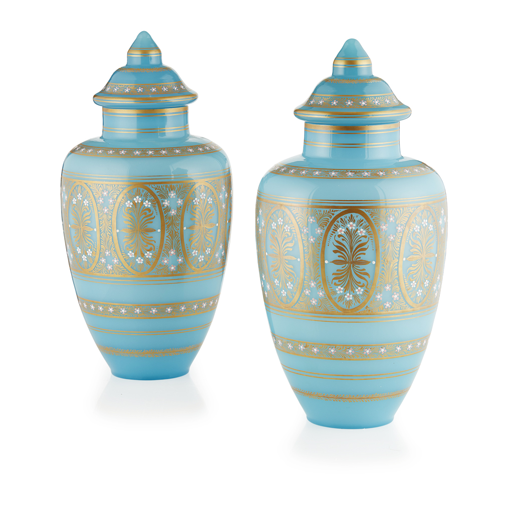 PAIR OF LARGE VICTORIAN BLUE GLASS, ENAMELLED AND GILT COVERED URNS