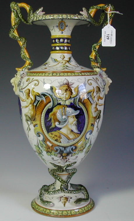 A Ginori twin handled majolica vase