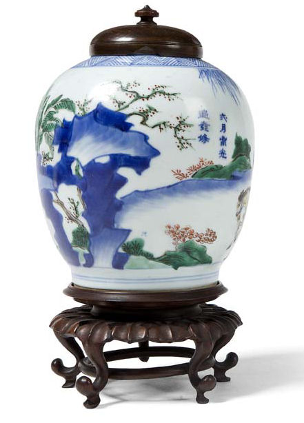 A Chinese porcelain famille verte ginger jar, Kangxi period