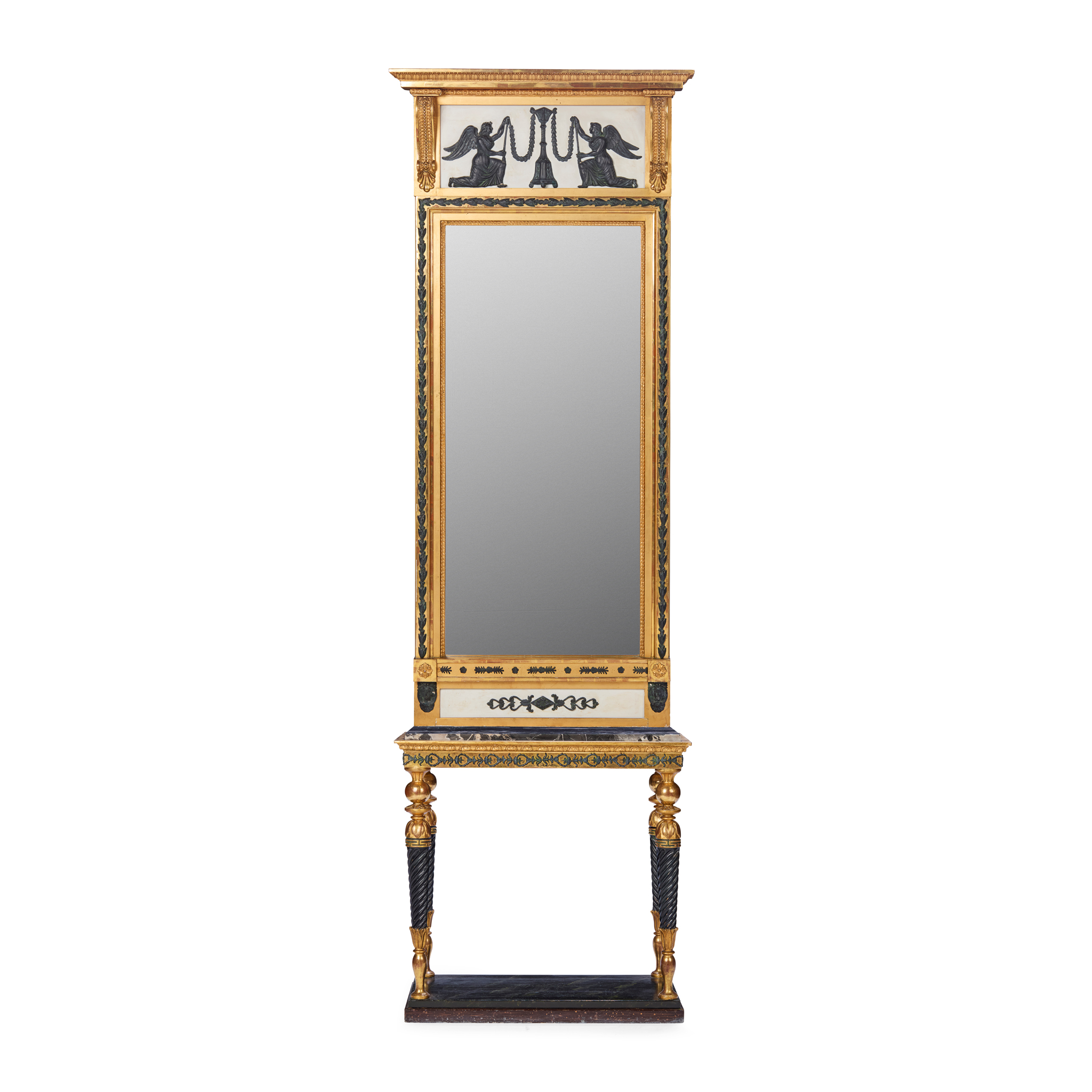 SWEDISH NEOCLASSICAL EBONISED AND PARCEL-GILT MARBLE TOP CONSOLE TABLE AND MIRROR
