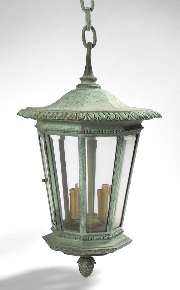 An octagonal bronze hall lantern