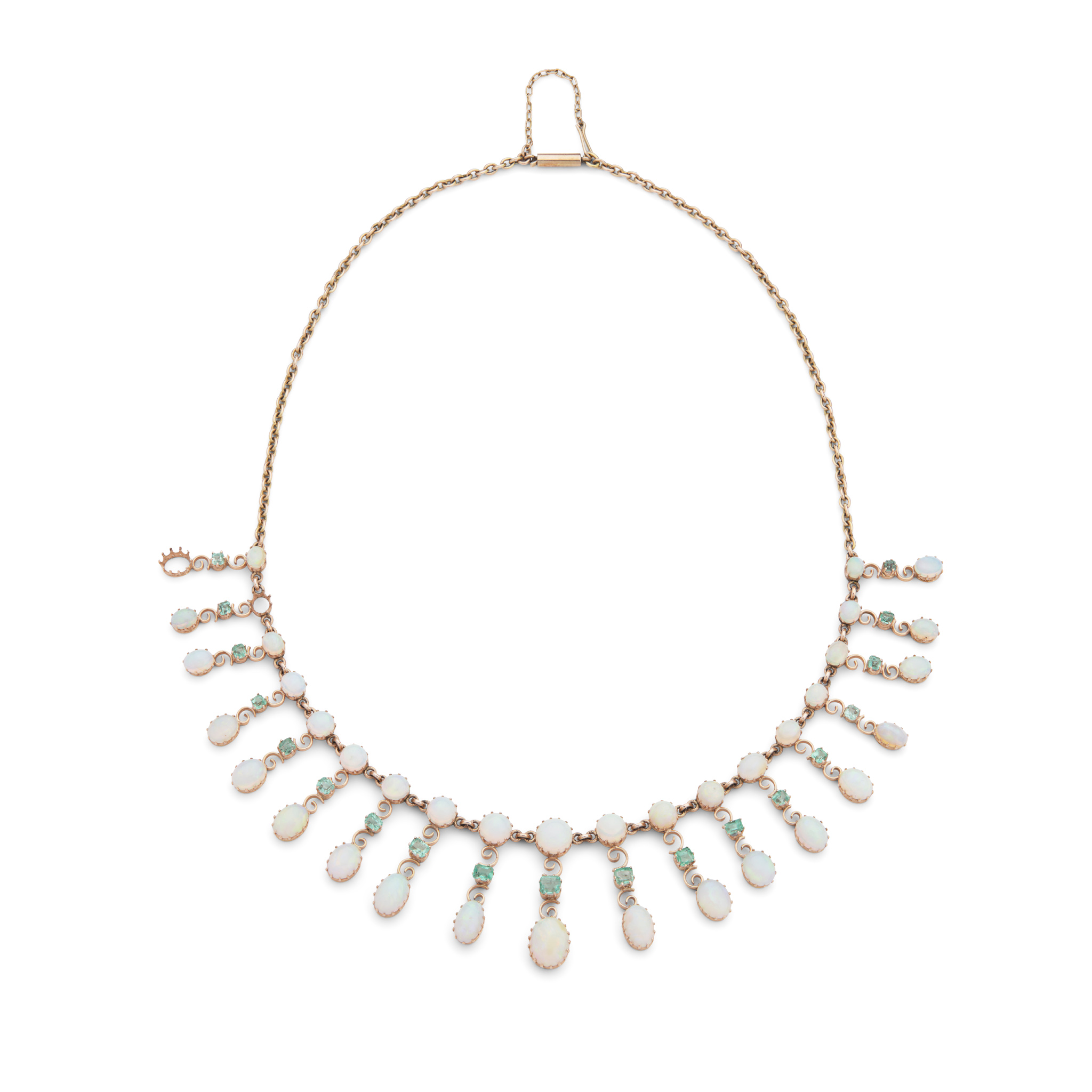 An opal and emerald fringe necklace