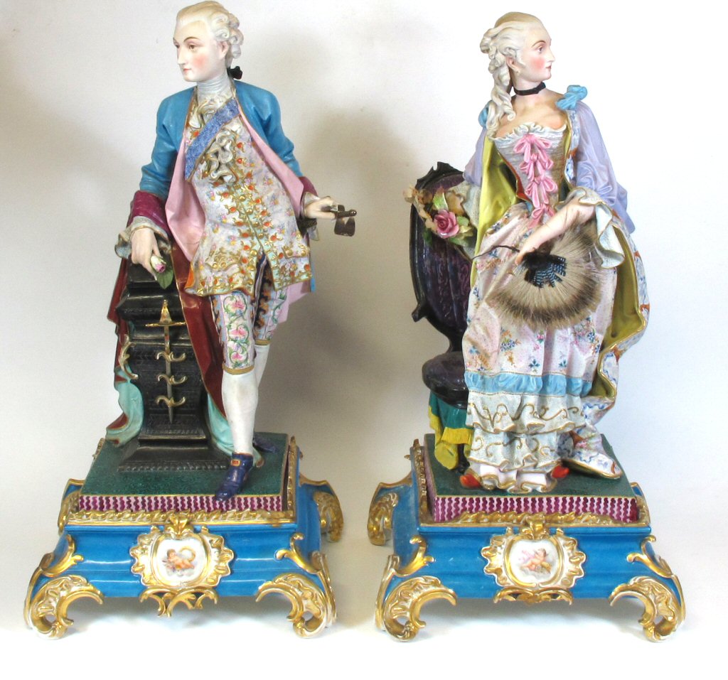 LARGE PAIR OF CONTINENTAL SEVRES STYLE PORCELAIN FIGURES AND STANDS