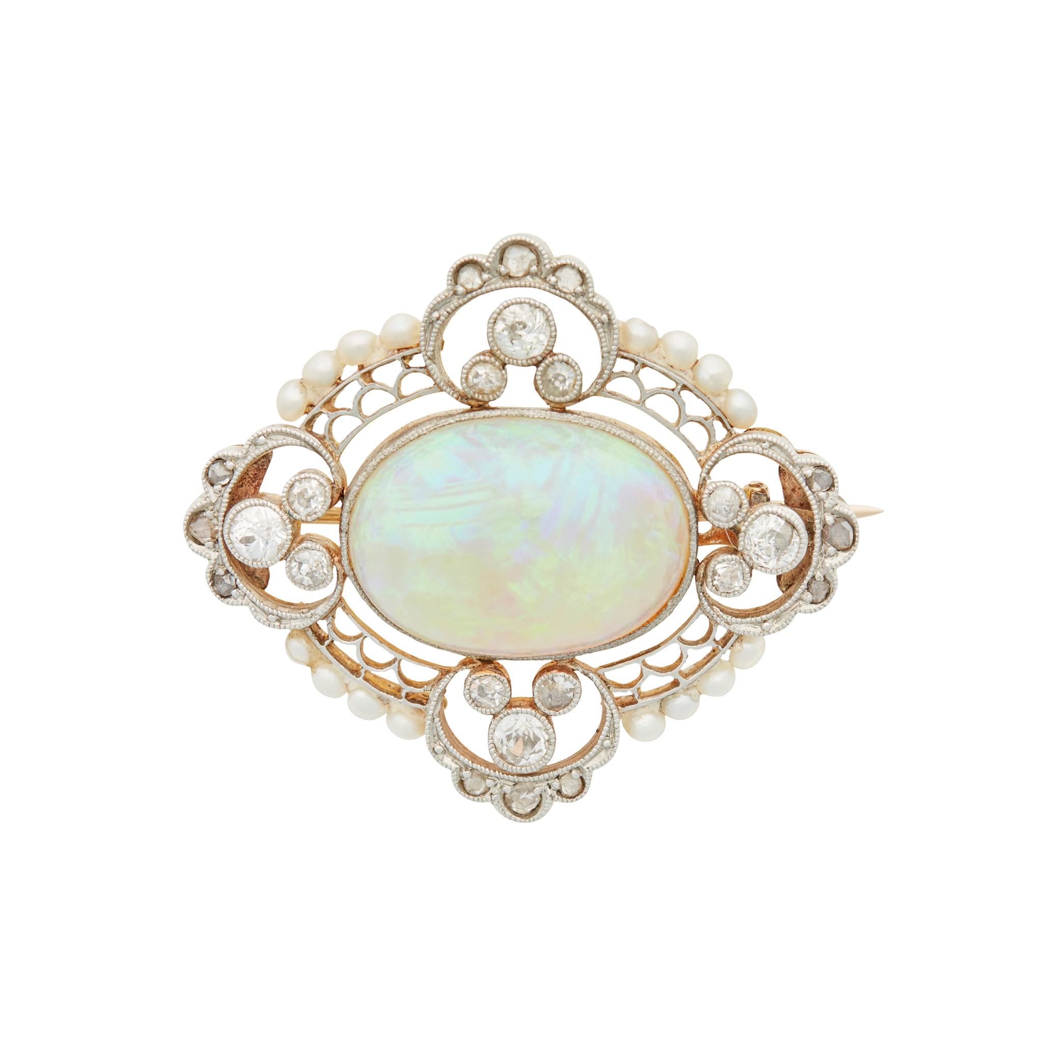An early 20th century opal, diamond and pearl brooch, circa 1910s