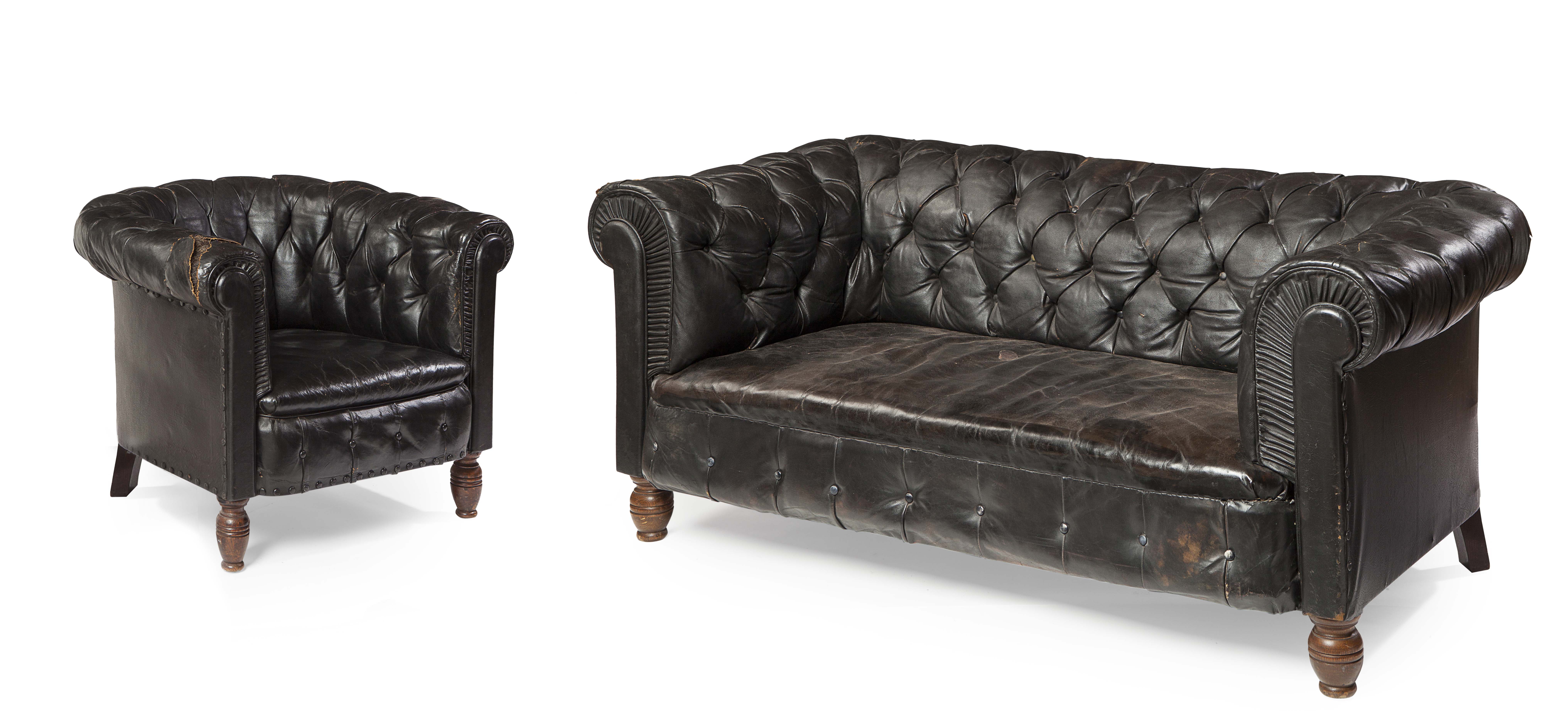 LEATHER UPHOLSTERED CHESTERFIELD SOFA AND ARMCHAIR