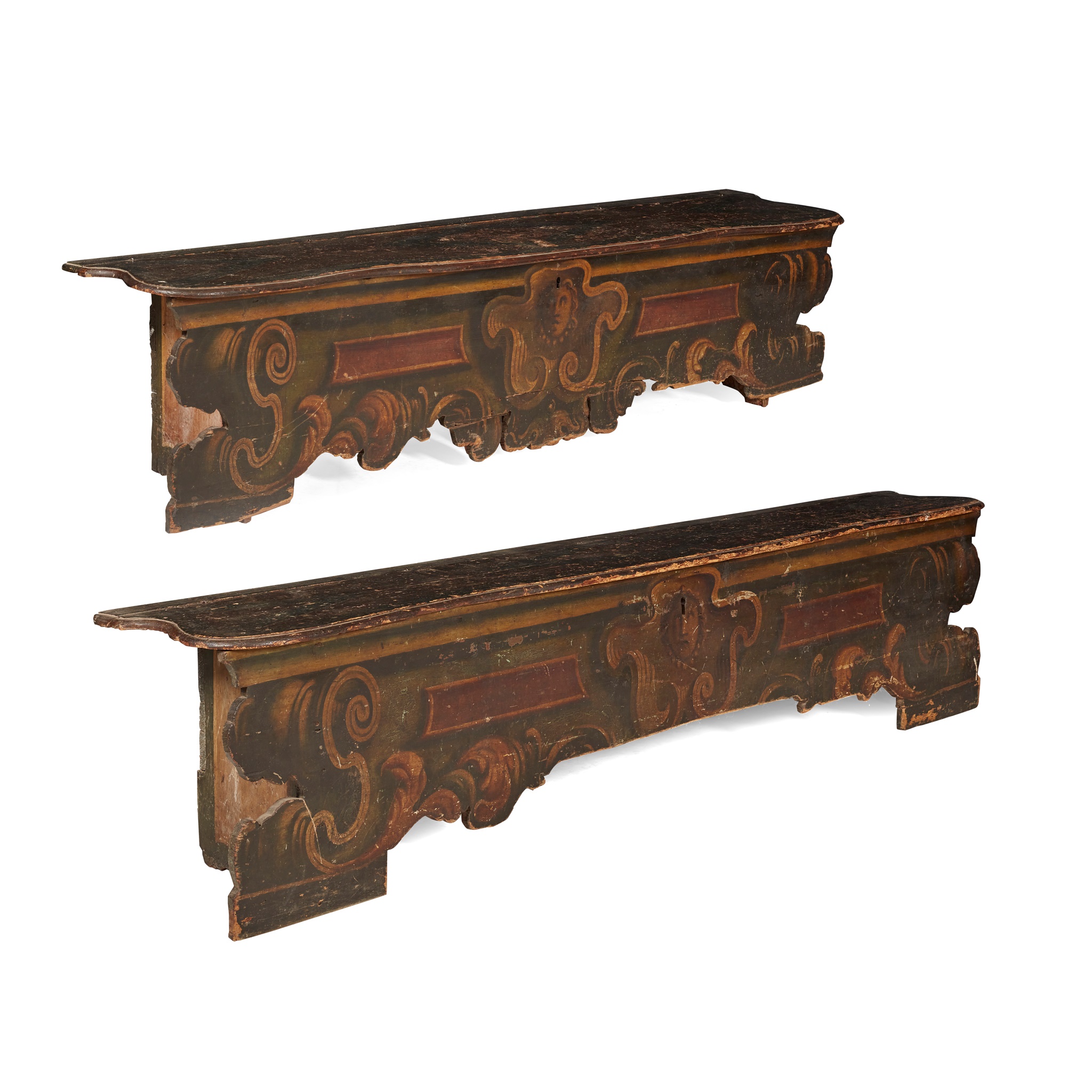 PAIR OF NORTH ITALIAN PAINTED HALL BENCHES, CASSAPANCAS