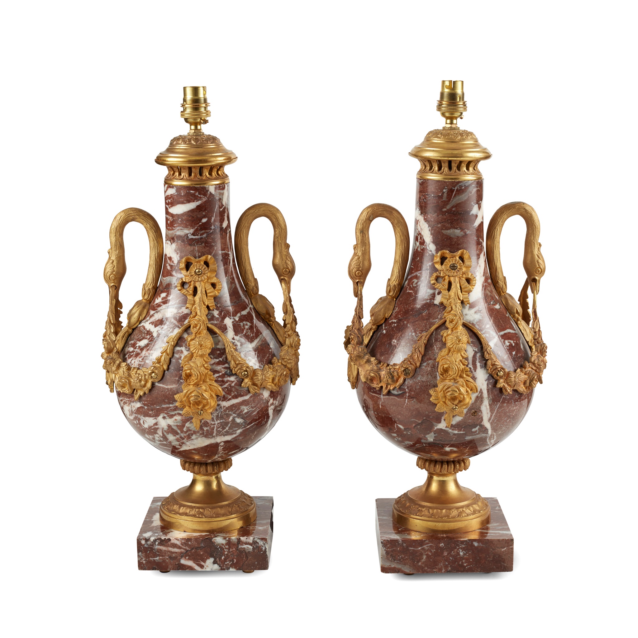 PAIR OF LOUIS XVI STYLE ROUGE MARBLE AND GILT METAL MOUNTED LAMPS