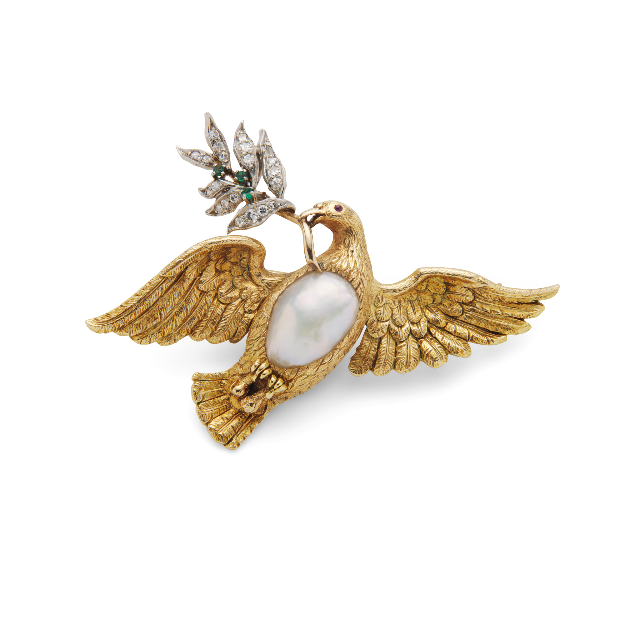 Verdura: A pearl, emerald and diamond dove brooch, mid 20th century