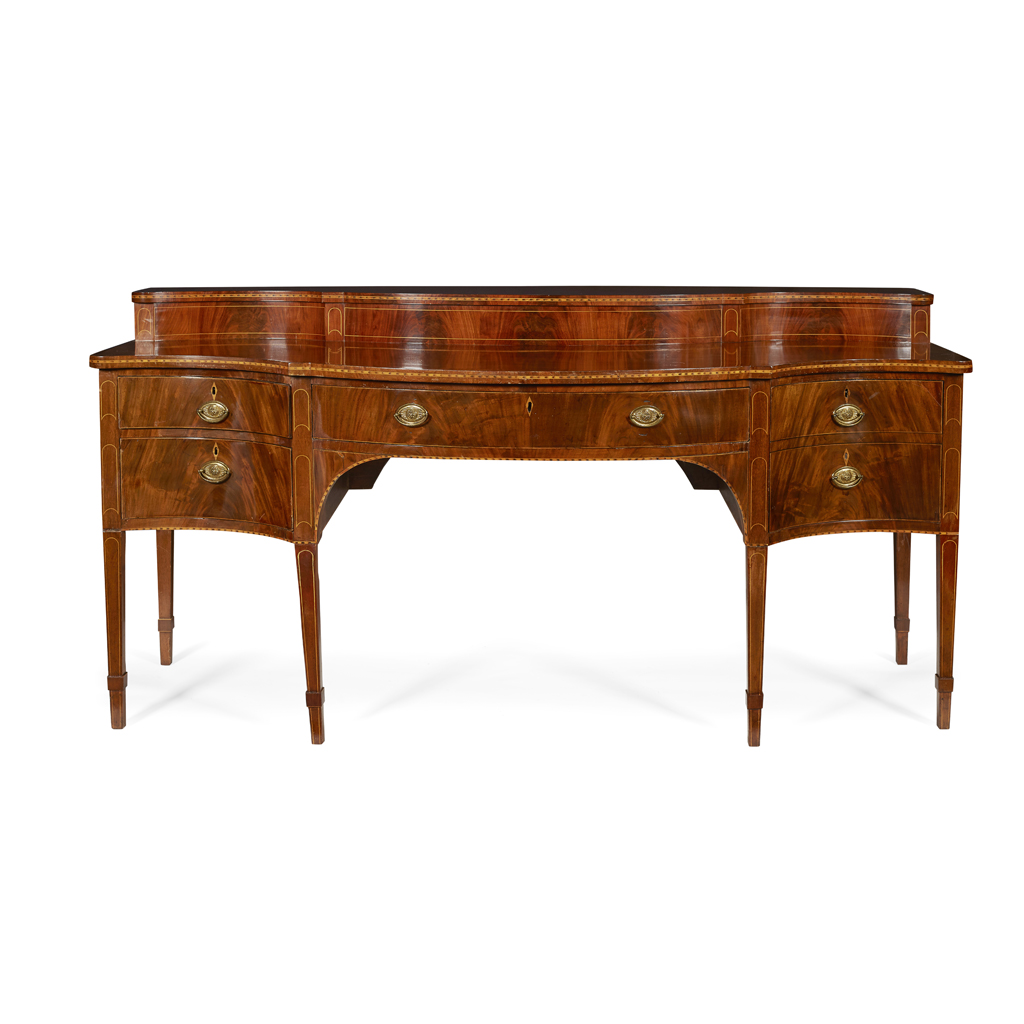 LATE GEORGE III MAHOGANY INLAID SERPENTINE STAGEBACK SIDEBOARD