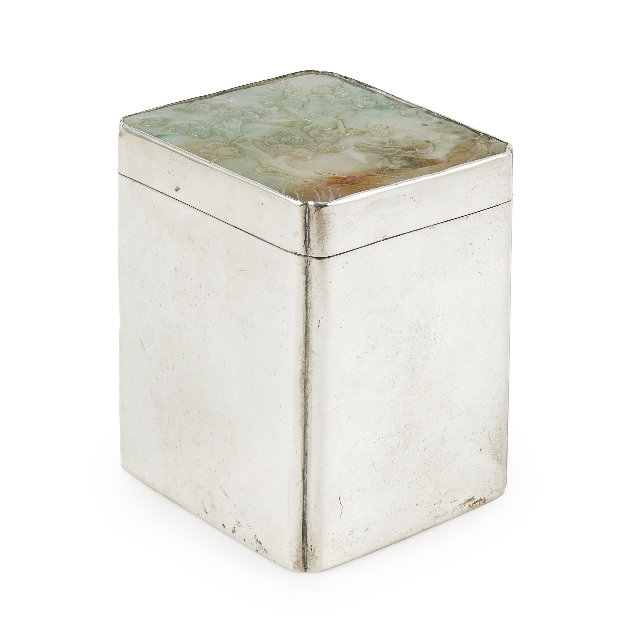SILVER SQUARE BOX WITH A JADEITE-MOUNTED COVER