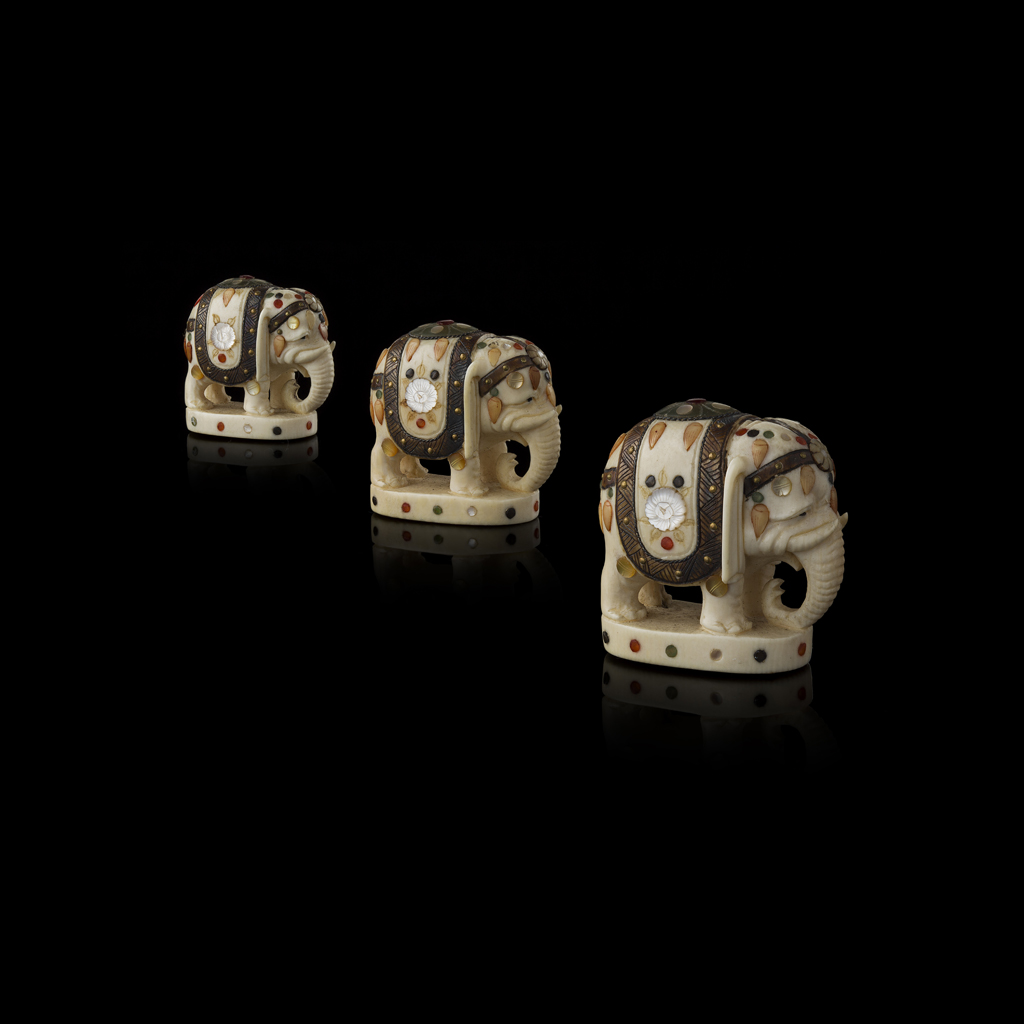 THREE SHIBAYAMA-INLAID MINIATURE ELEPHANTS