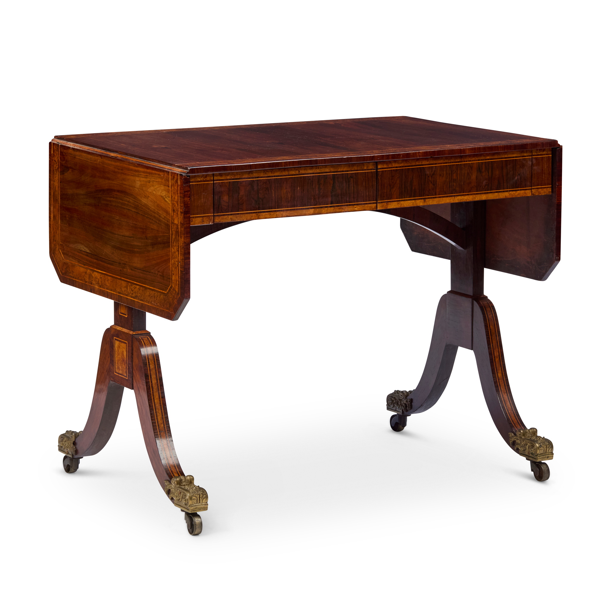 REGENCY ROSEWOOD, GONCALO ALVES, AMBOYNA, AND PEARWOOD SOFA TABLE