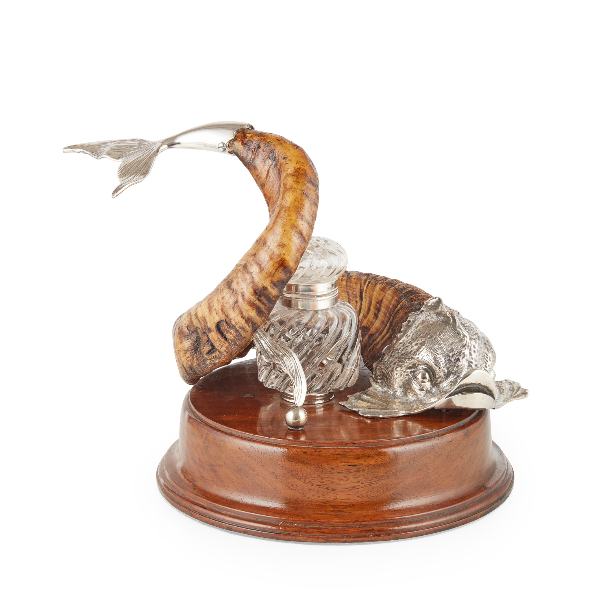 VICTORIAN ENGLISH SILVER-PLATE MOUNTED RAM'S HORN DOLPHIN INKSTAND