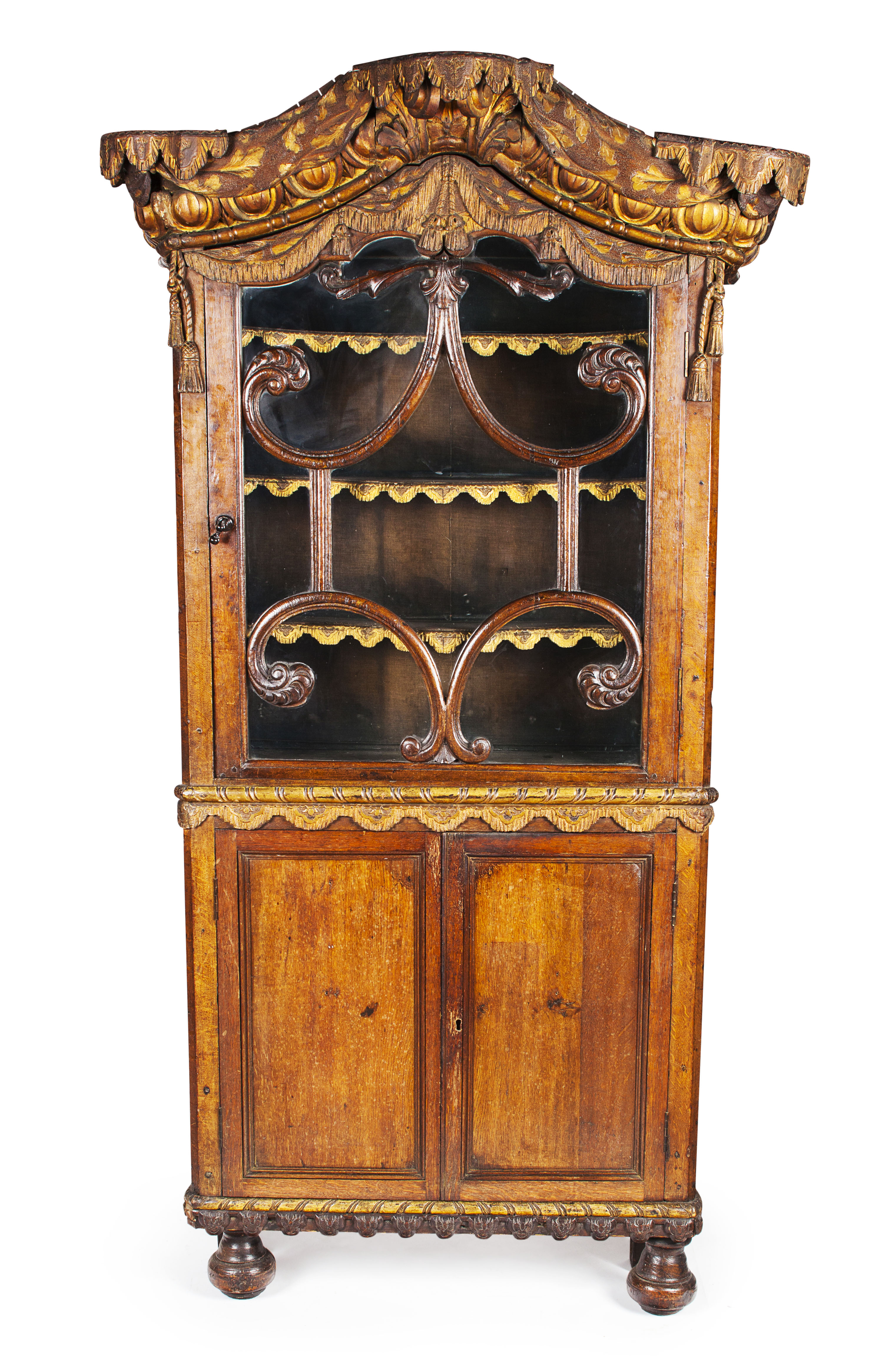 DUTCH CARVED OAK AND PARCEL GILT BOOKCASE CABINET