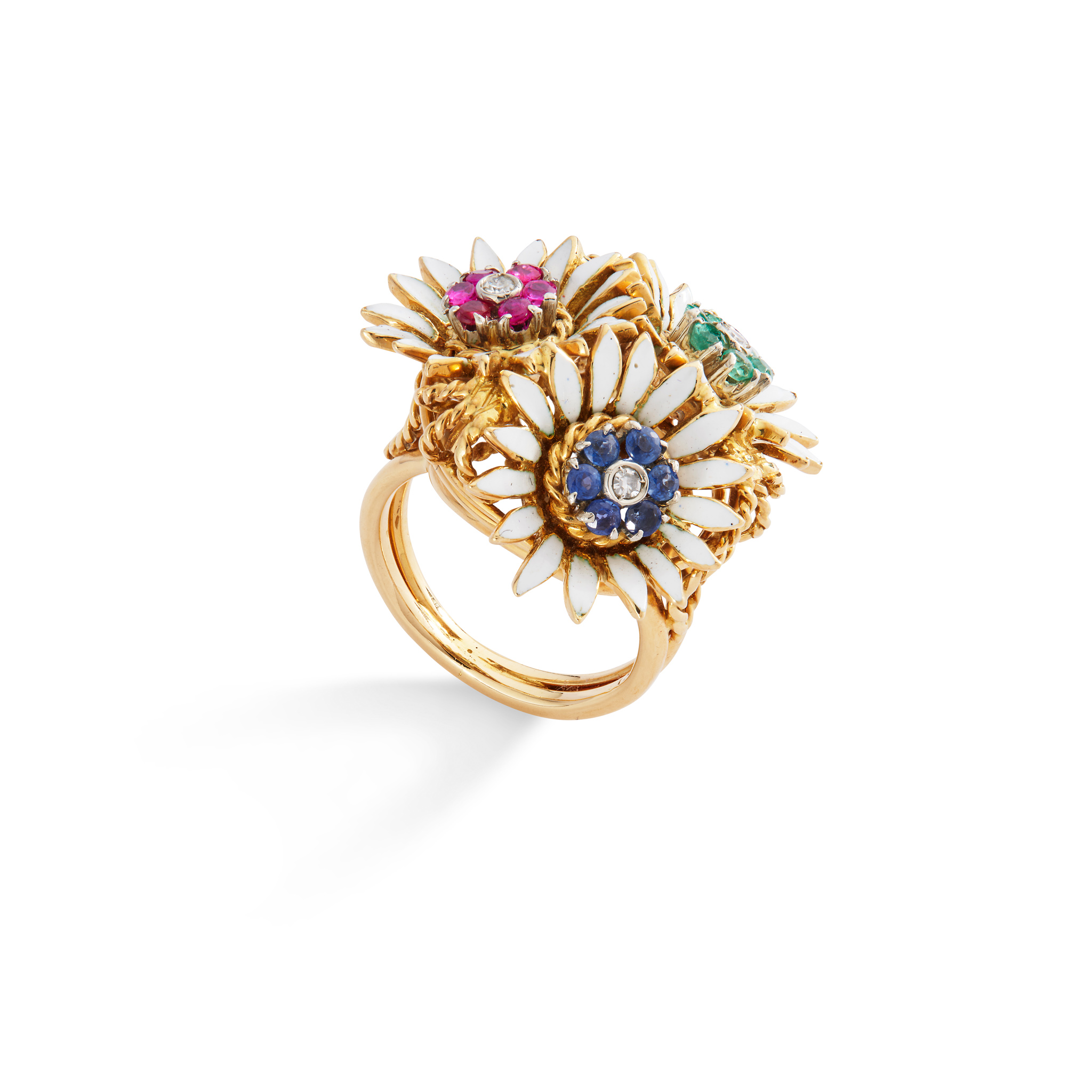 A floral enamel, ruby, emerald and sapphire ring, mid 20th century